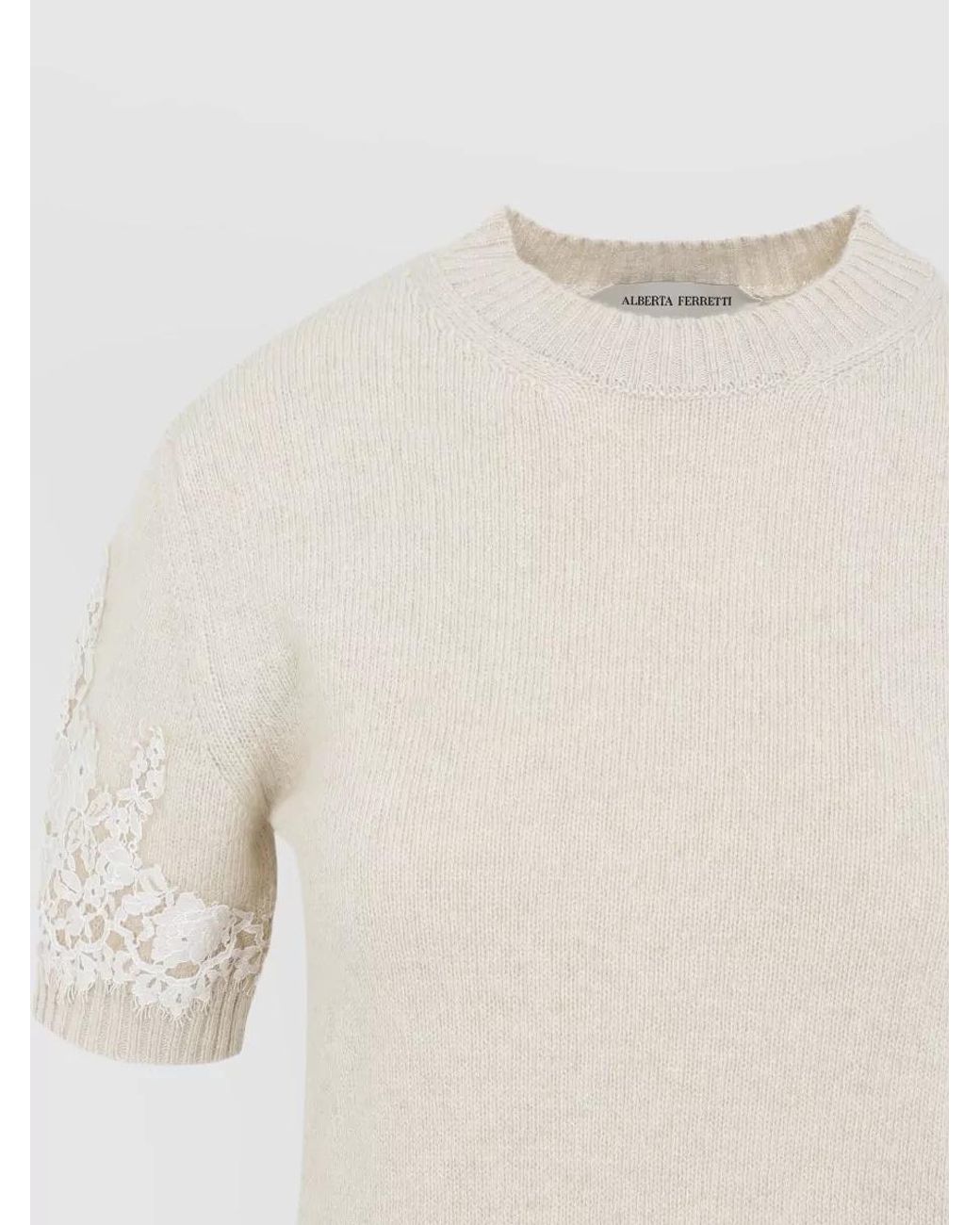 Alberta Ferretti White Cashmere Mock Neck Ribbed Knit T-Shirt