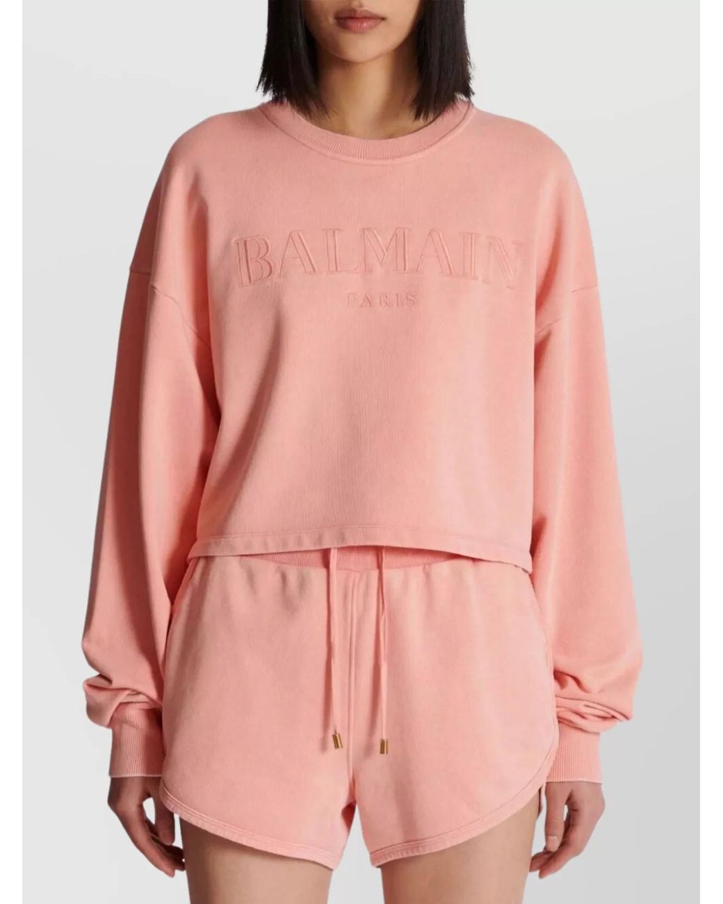 Balmain Pink Cropped Ribbed Cotton Sweatshirt