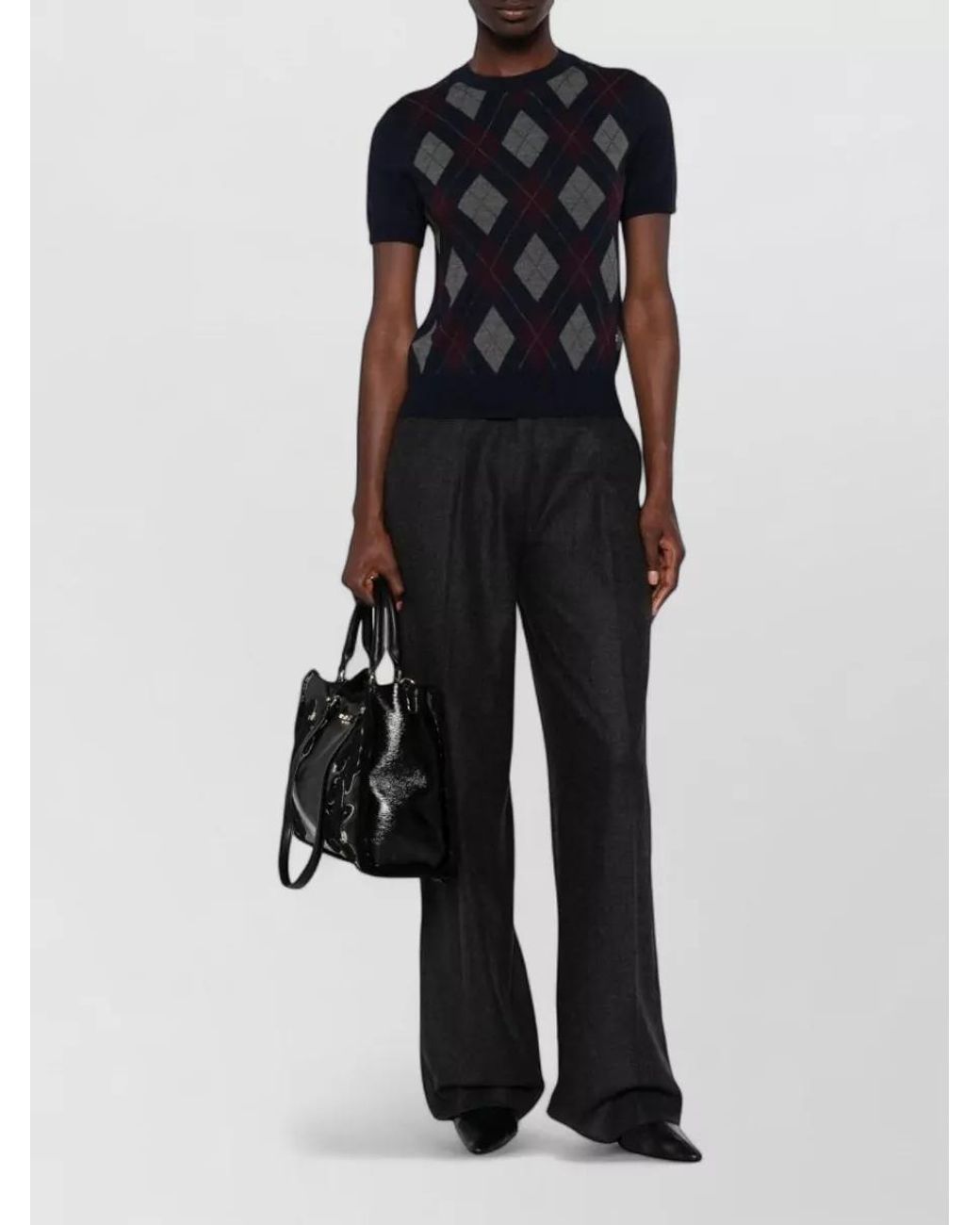 Tory Burch Blue Wool Argyle Short-Sleeve Crewneck Sweater