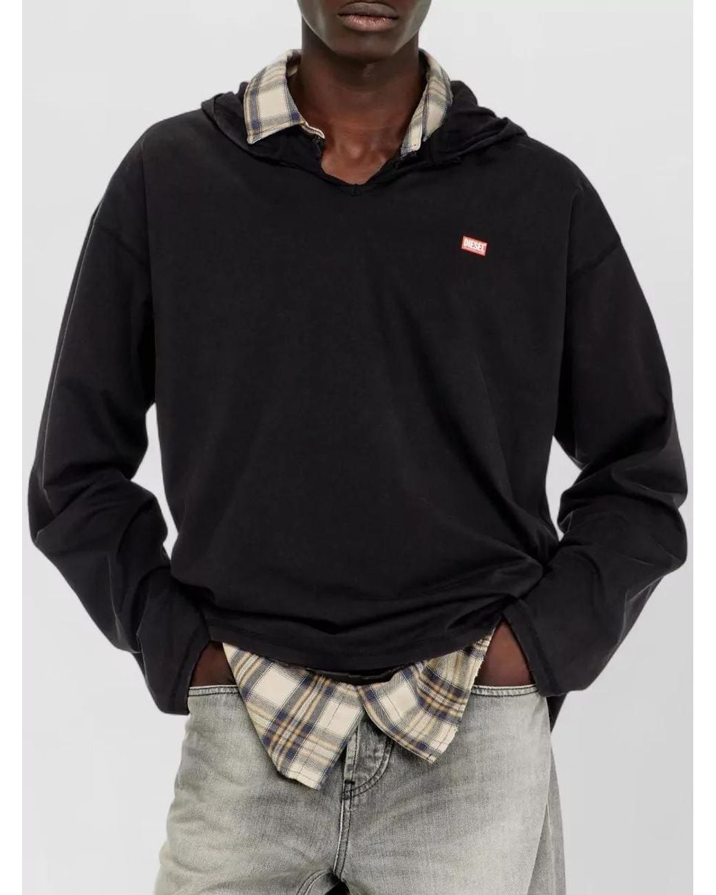 DIESEL Black Long Sleeve T-Shirt Shirt Check Hood for men