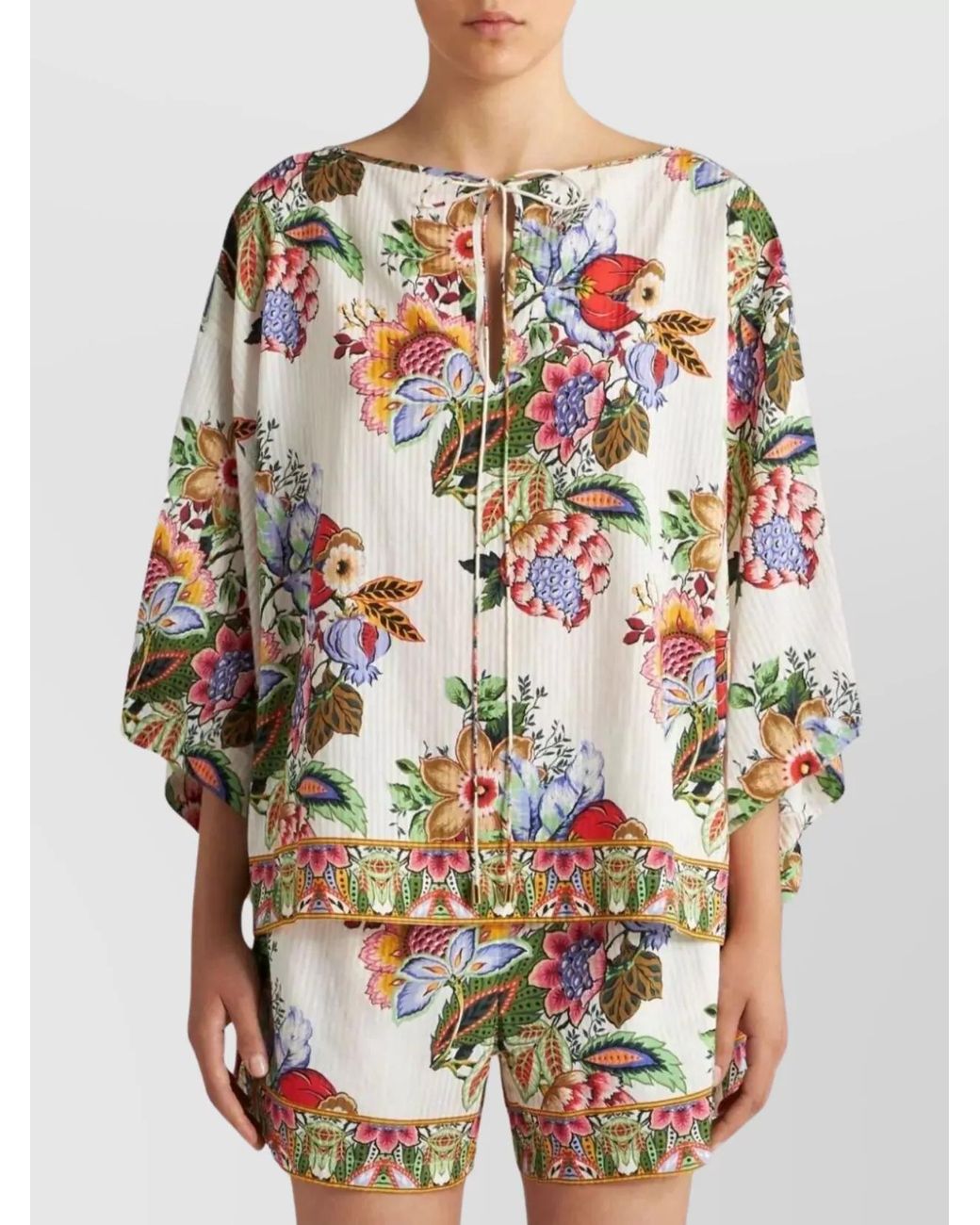 Etro Gray Silk Floral-Print Gathered Tie-Neck Top