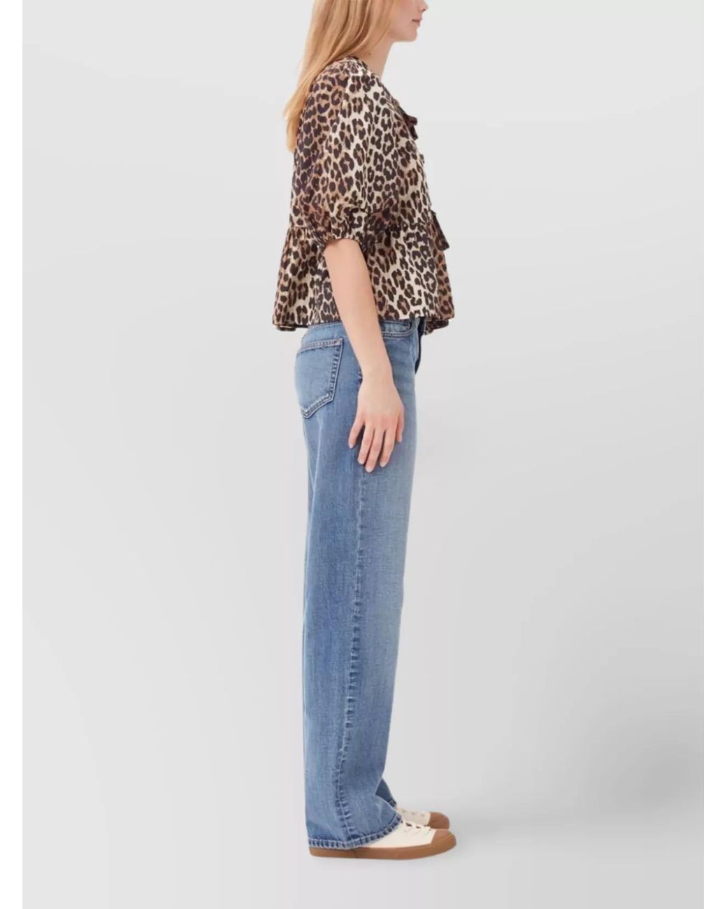 Ganni Multicolor Leopard-Print Organic Cotton Peplum Blouse