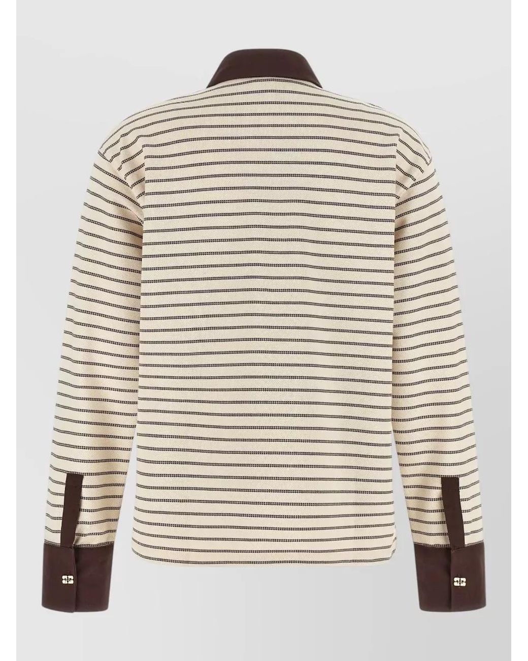 Ganni Natural Striped Cotton Long-Sleeve Polo Shirt
