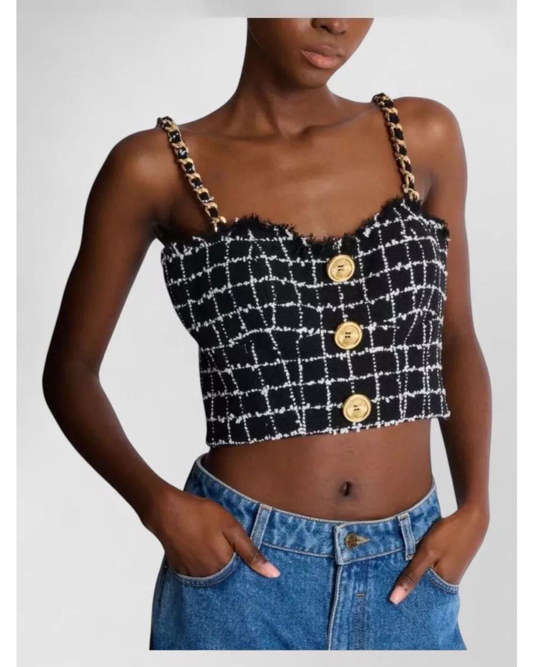 Balmain Gray Buttoned Tweed Tank Top