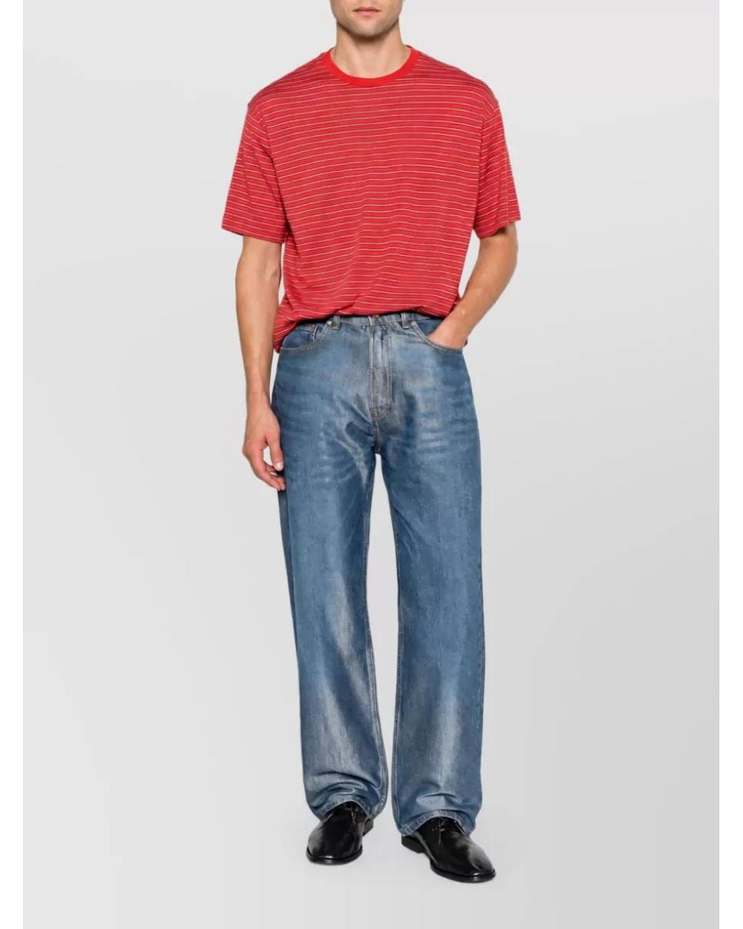 Auralee Red Wool Striped Crew Neck Short Sleeve T Shirt for men