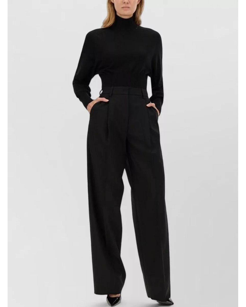 Thelatest Black Wool-Blend Regular-Fit Wide-Leg Trousers