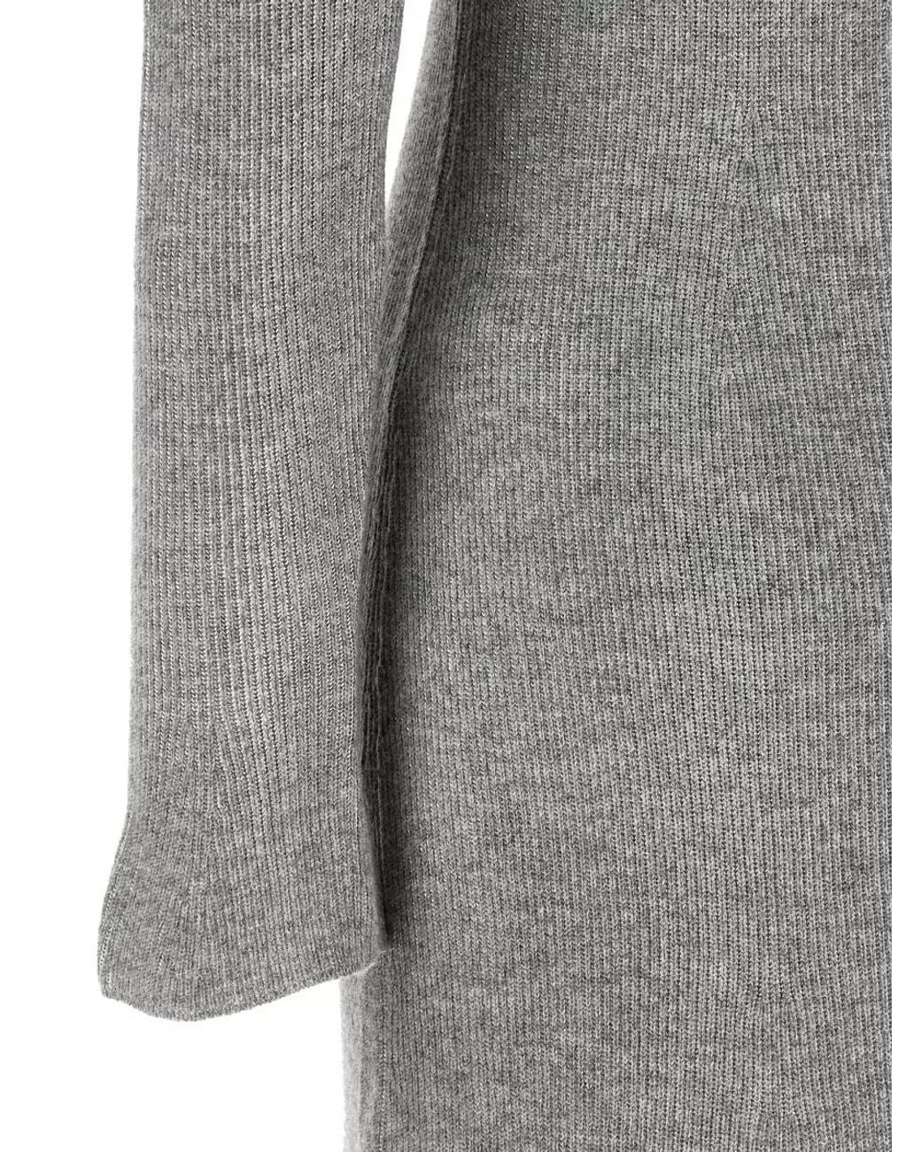 Fabiana Filippi Gray Cashmere Silk Ribbed Long-Sleeve Mock-Neck Midi Knitted Dress