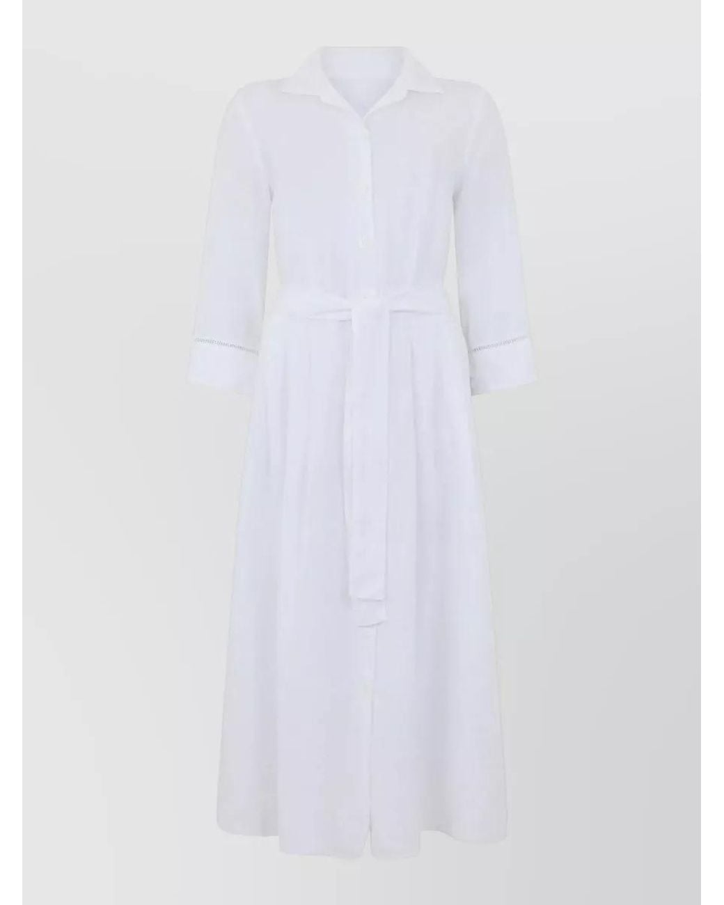 120% Lino White Linen Belted Short-Sleeve Midi Dress