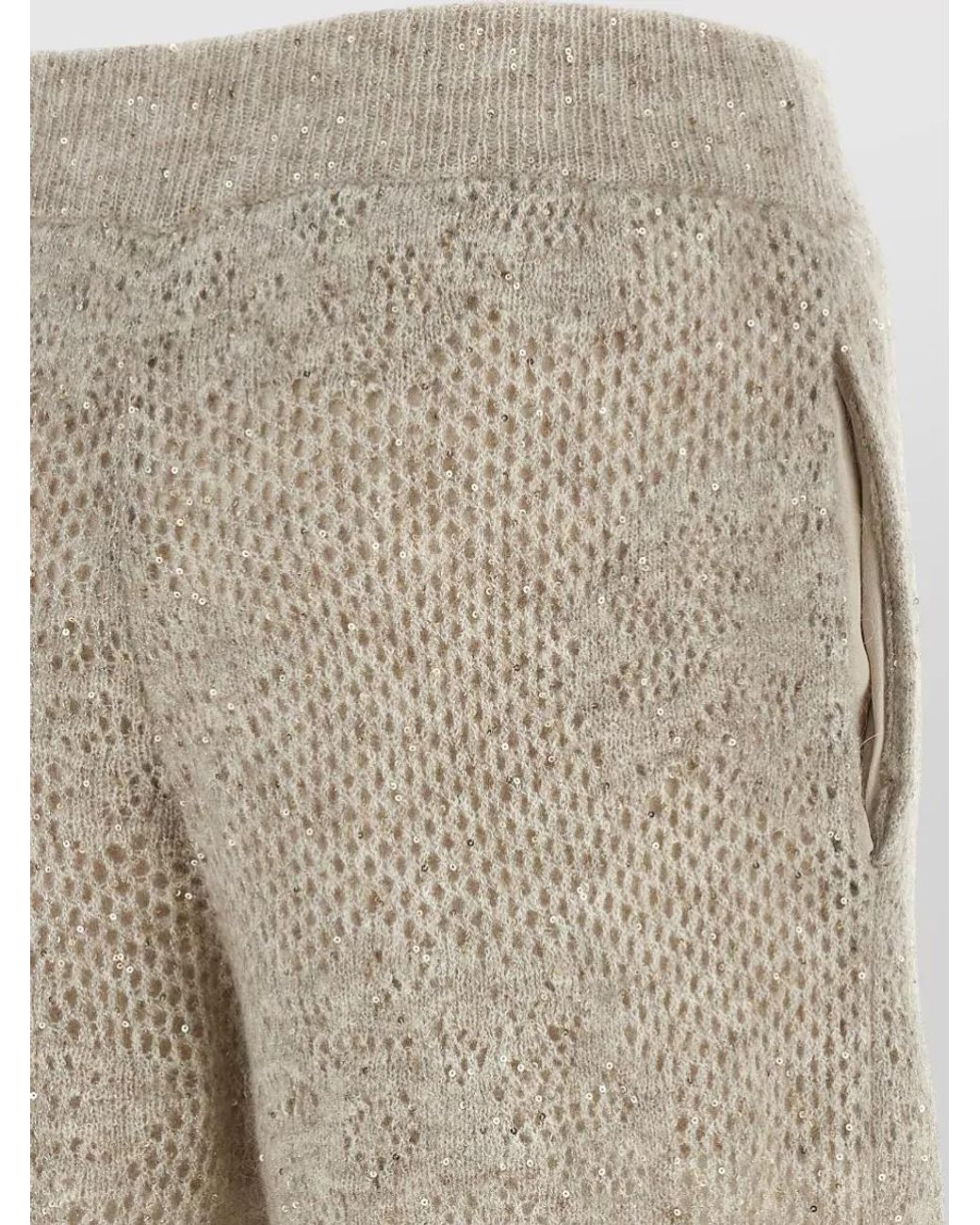 Brunello Cucinelli Natural Wool Mohair Sequin Openwork Wide-Leg Lounge Trousers