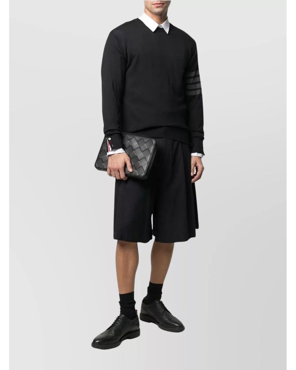 Thom Browne Black Fine-Knit Wool-Bar Crew-Neck Jumper for men