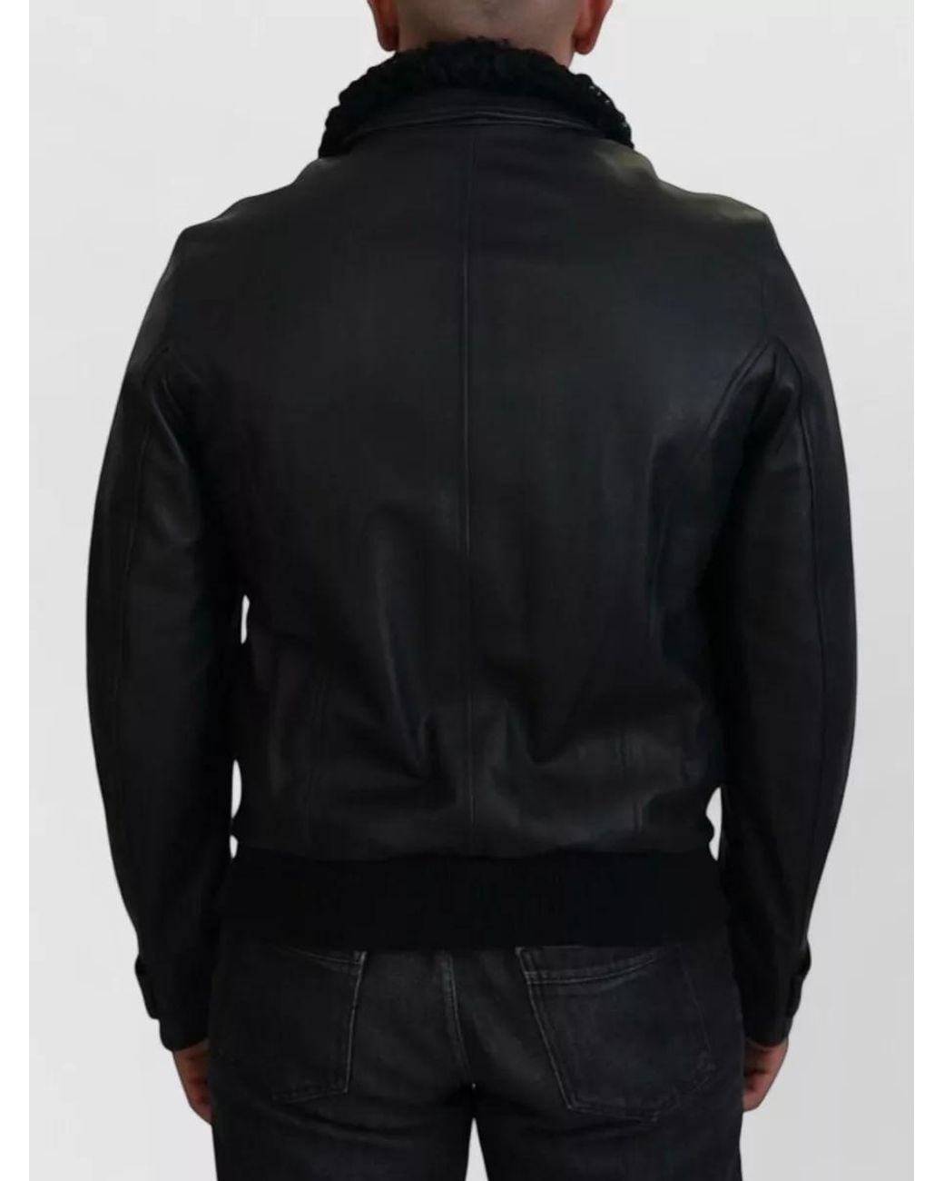 Dolce & Gabbana Black Lambskin Leather Shearling Collar Bomber Jacket for men