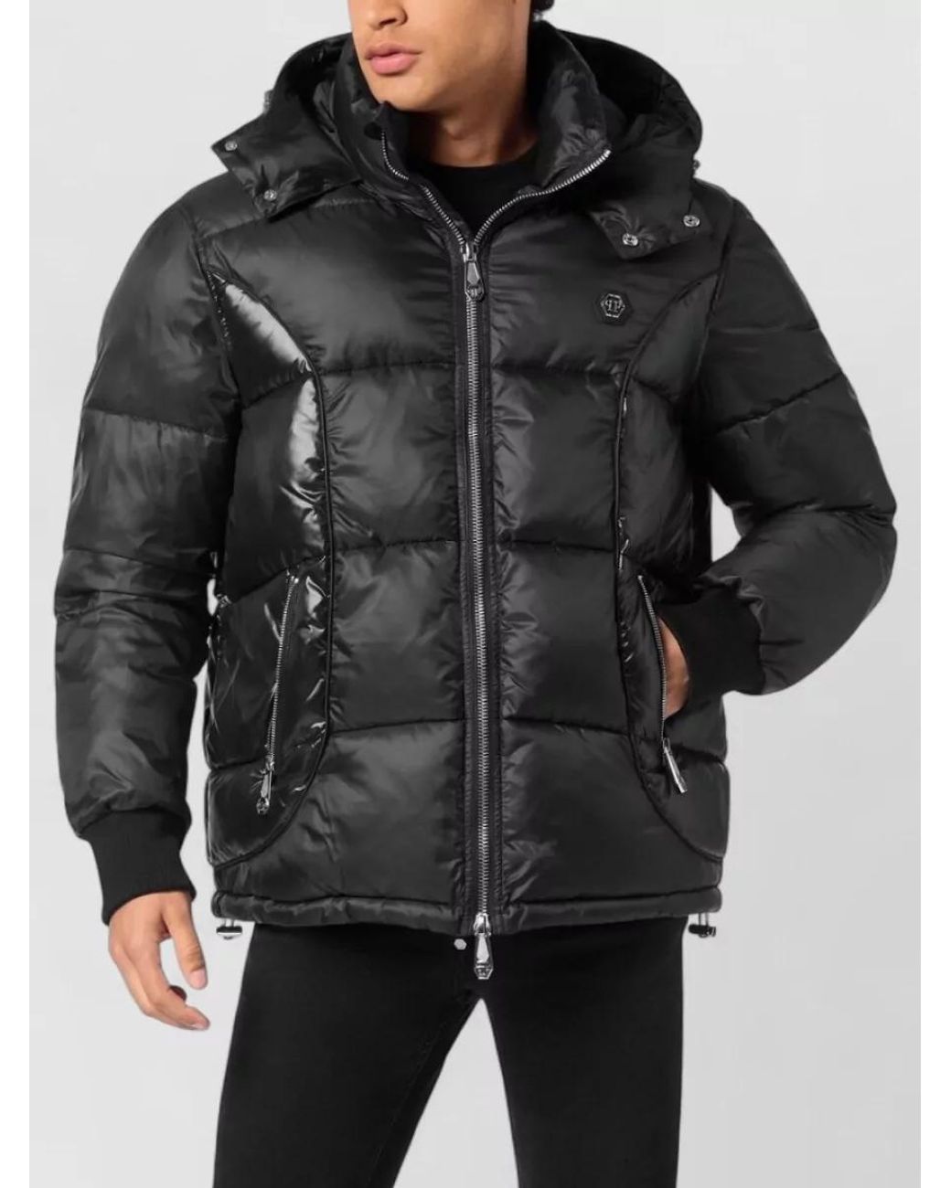 Philipp Plein Black Mix Nylon Short Puffer Jacket for men