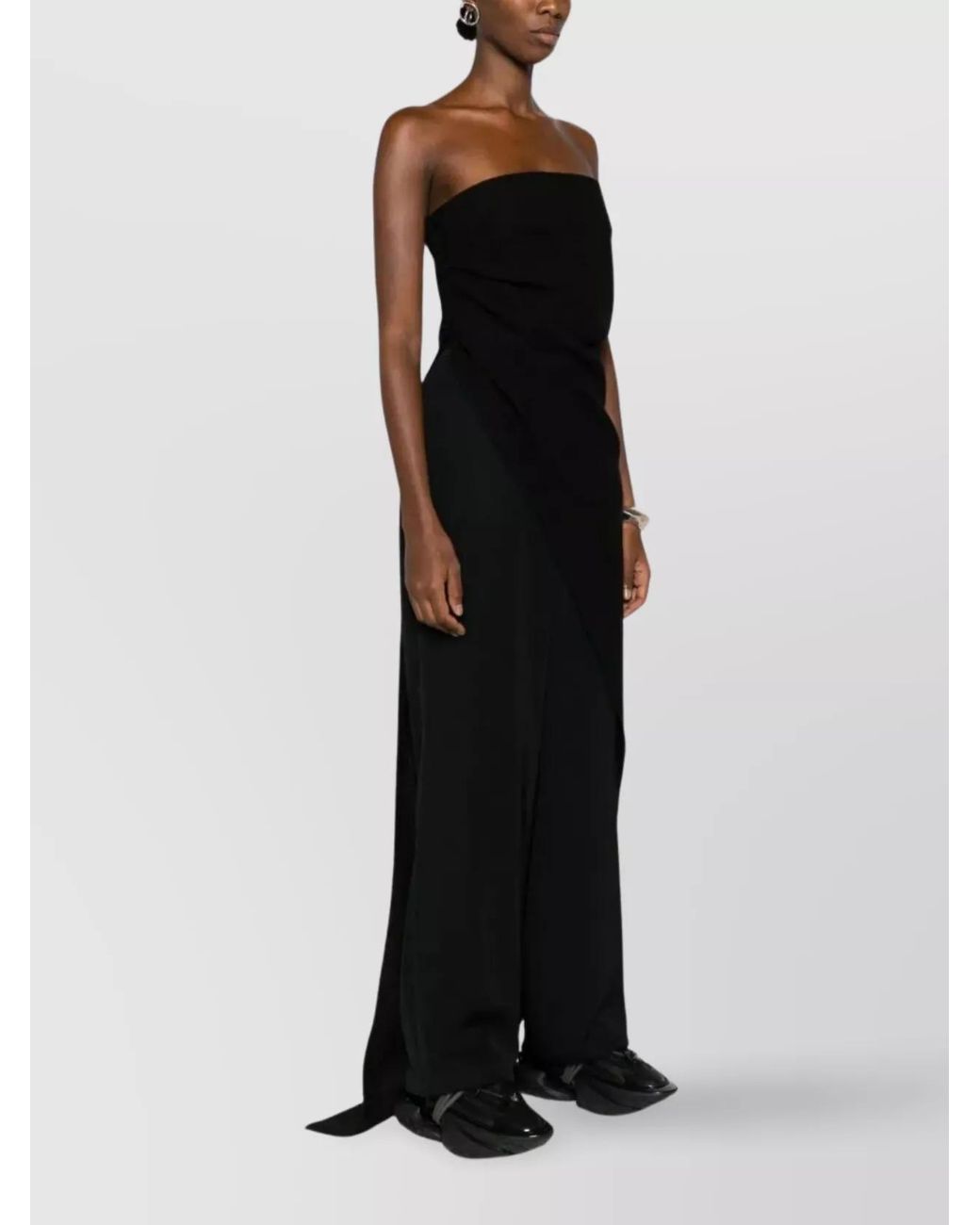 Rick Owens Black Virgin Wool Strapless Asymmetric Draped Long Dress