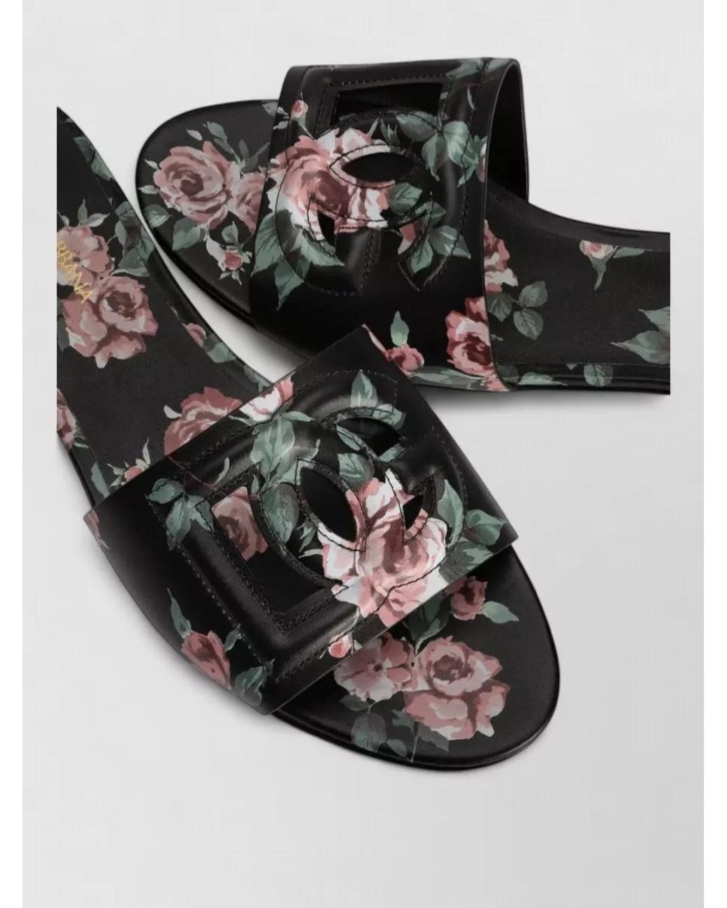 Dolce & Gabbana Gray Floral Leather Flat Slides