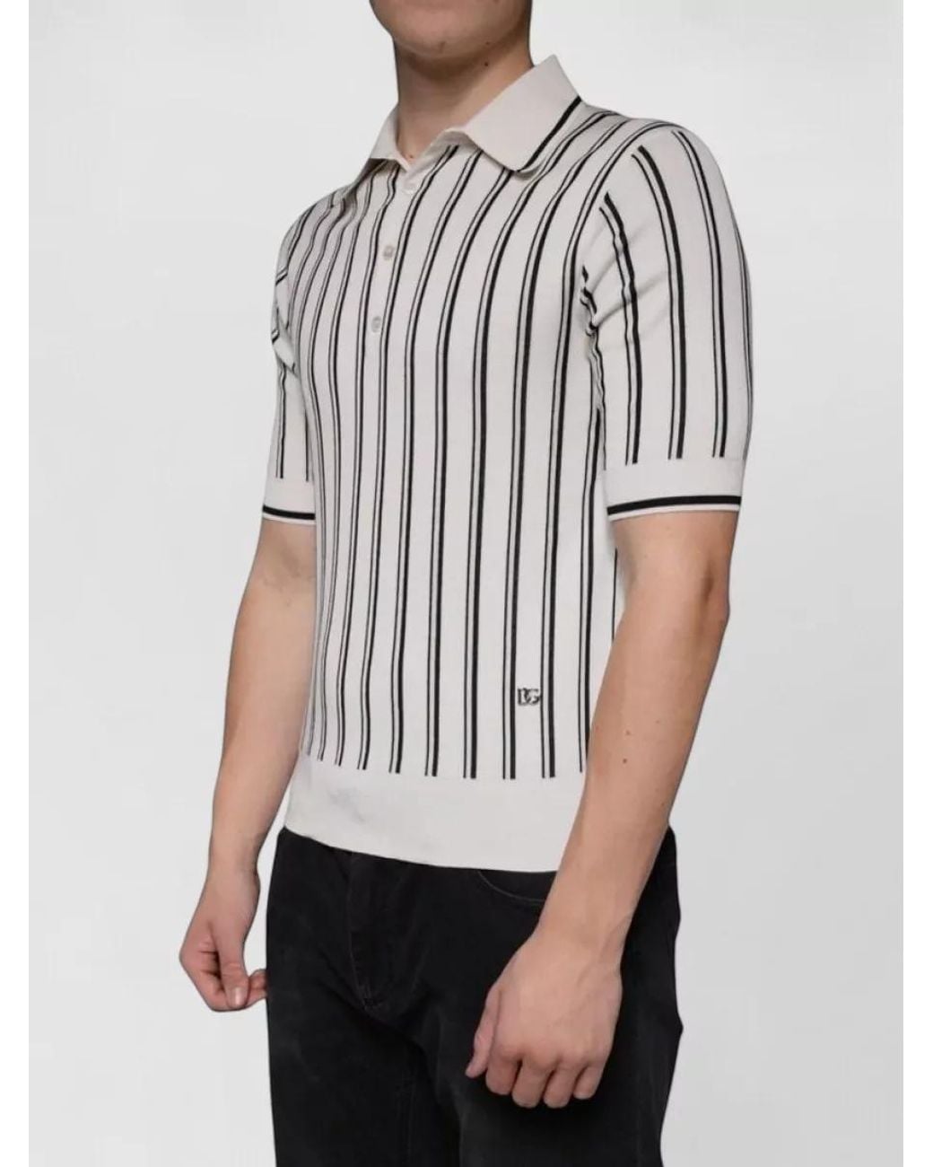Dolce & Gabbana White Silk Striped Short-Sleeve Polo Shirt for men