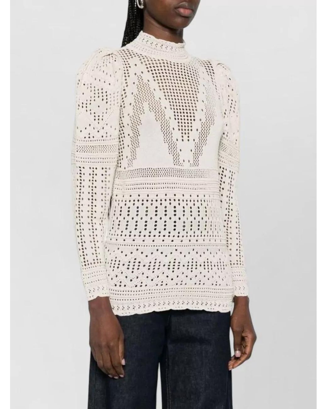 Isabel Marant Natural Crochet Geometric High-Neck Long-Sleeve Blouse