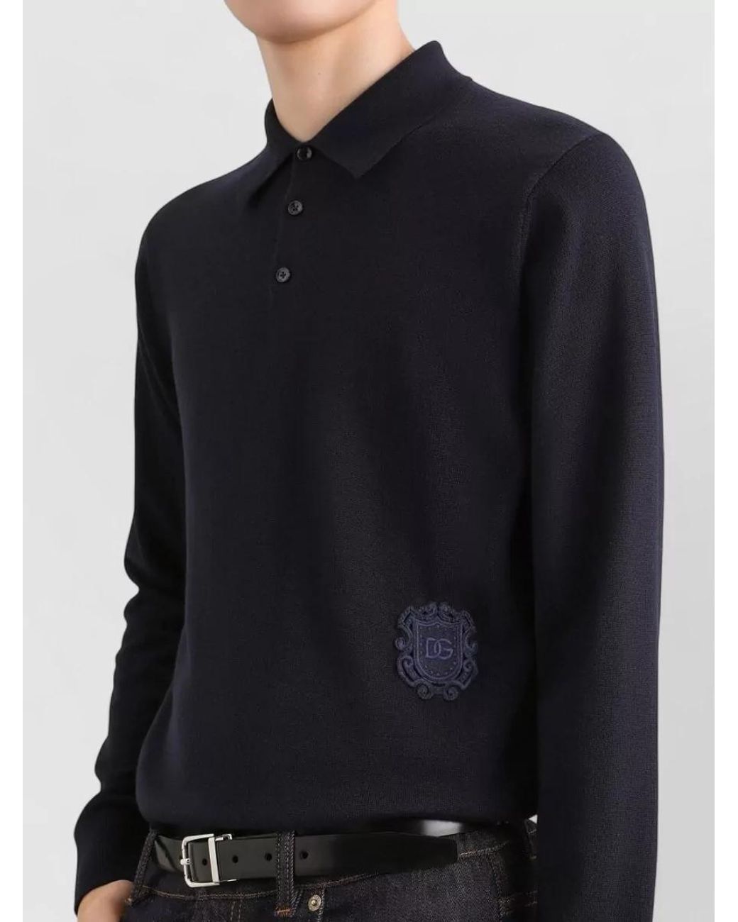 Dolce & Gabbana Blue Virgin Wool Long-Sleeve Polo Shirt for men