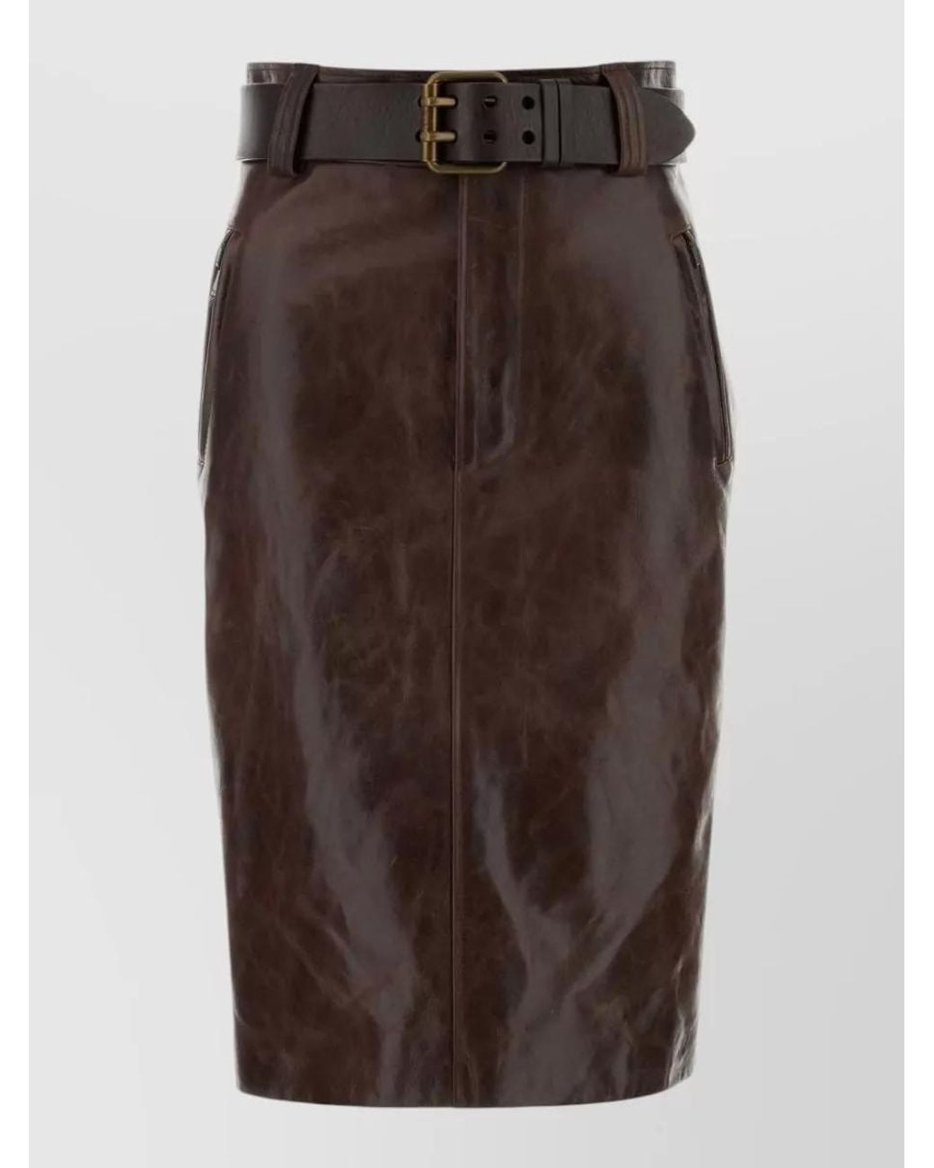 Saint Laurent Brown Leather High-Rise Midi Pencil Skirt