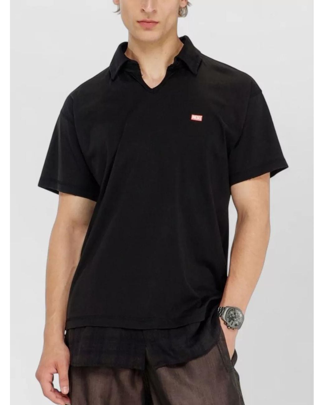 DIESEL Black Jersey Polo Shirt Regular Fit Check Flannel for men