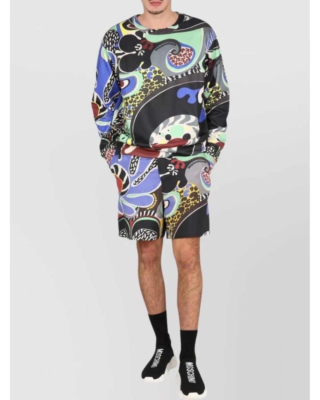 Moschino Gray Psychedelic Print Cross-Neck Sweatshirt for men