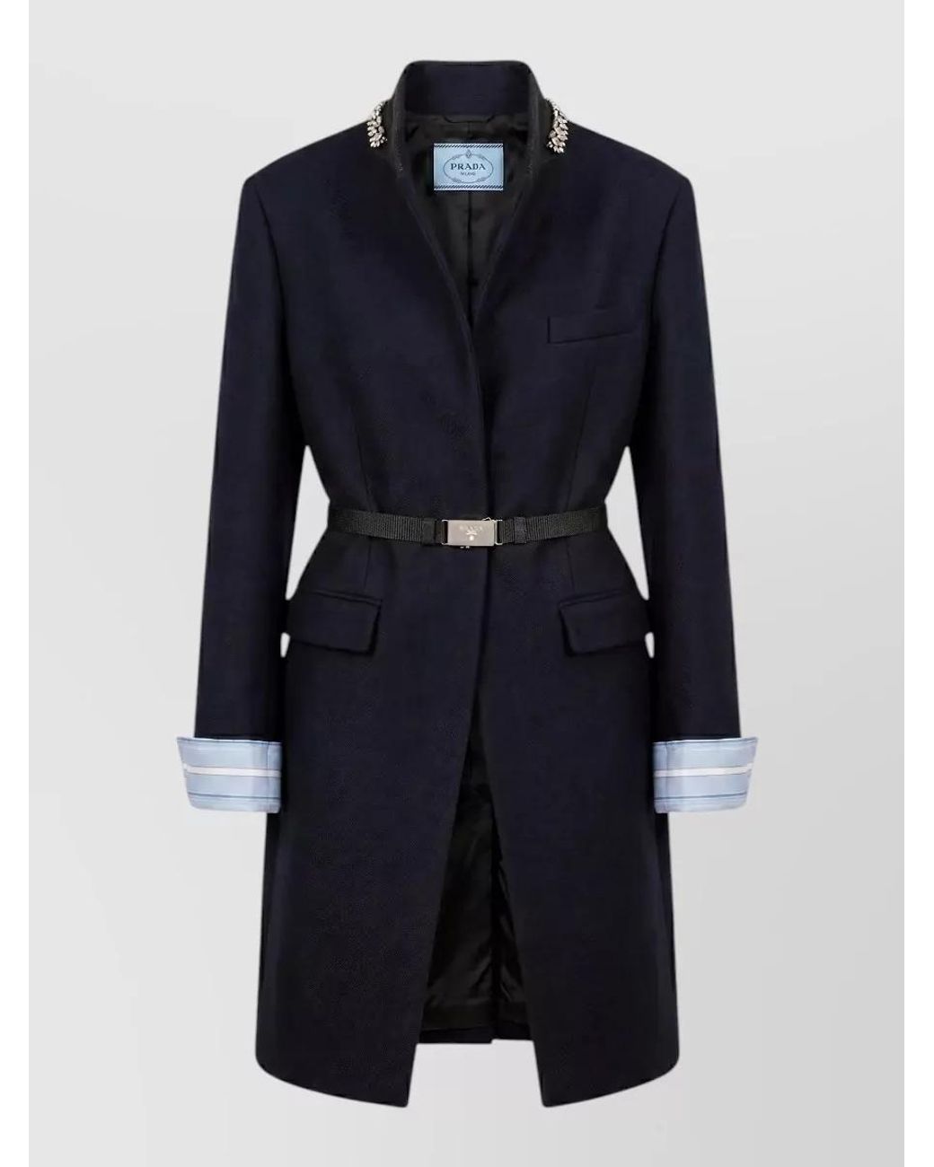Prada Blue Virgin Wool Crystal Embellished Belted Single Breasted Coat