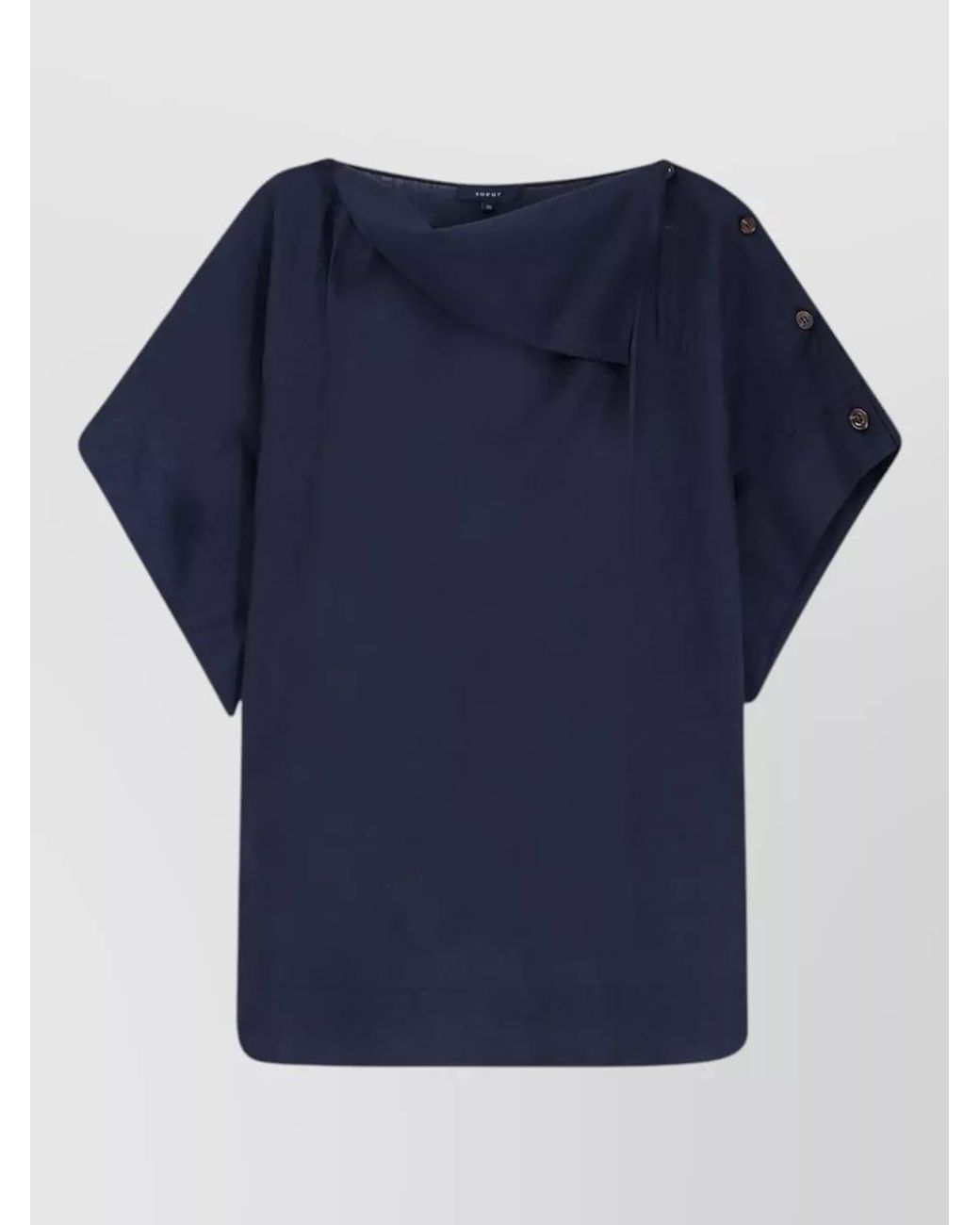 Soeur Blue Linen Blend Asymmetric Boat Neck Short Sleeve Blouse