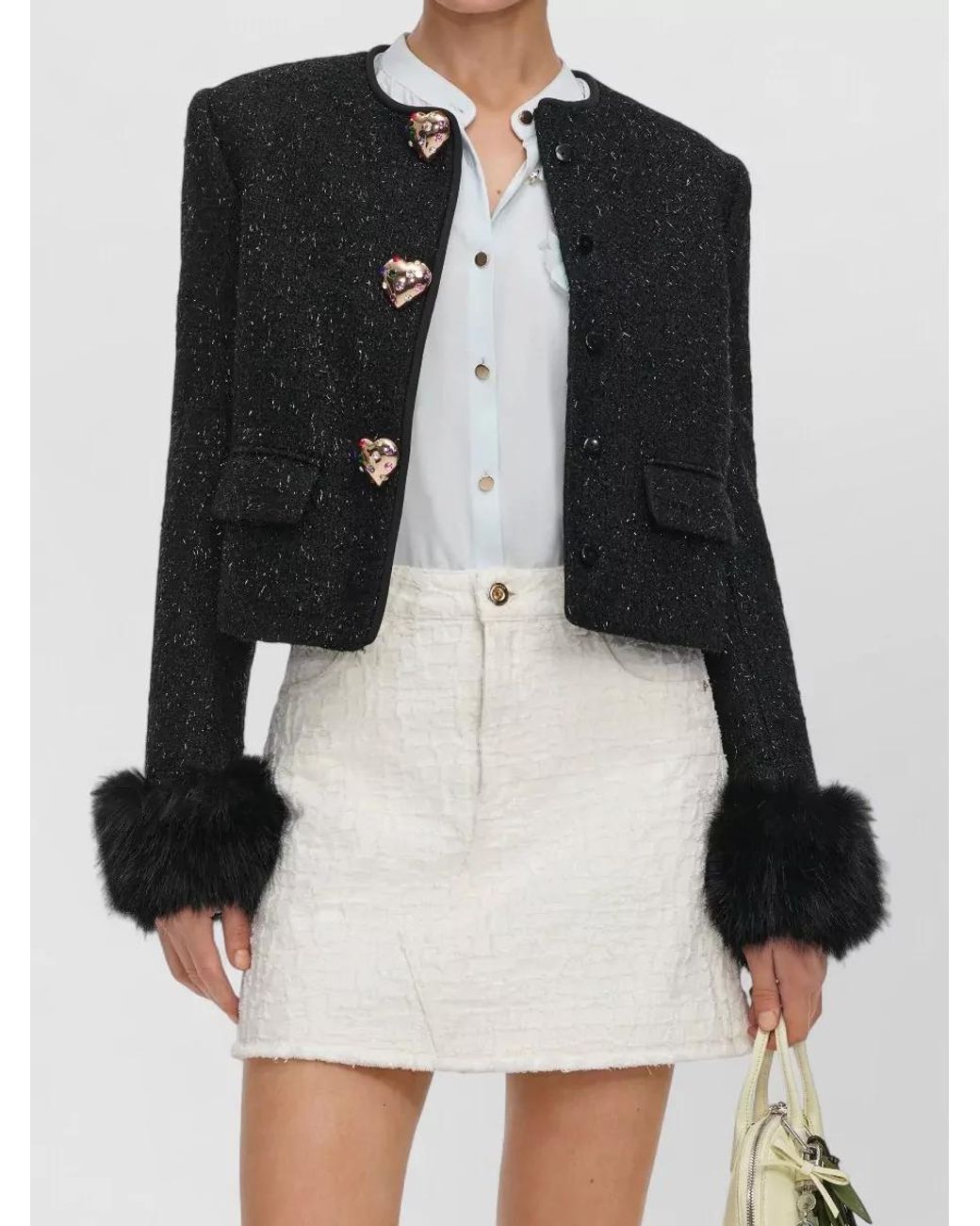 Self-Portrait Multicolor Metallic Bouclé Cropped Jacket With Faux Fur Cuffs