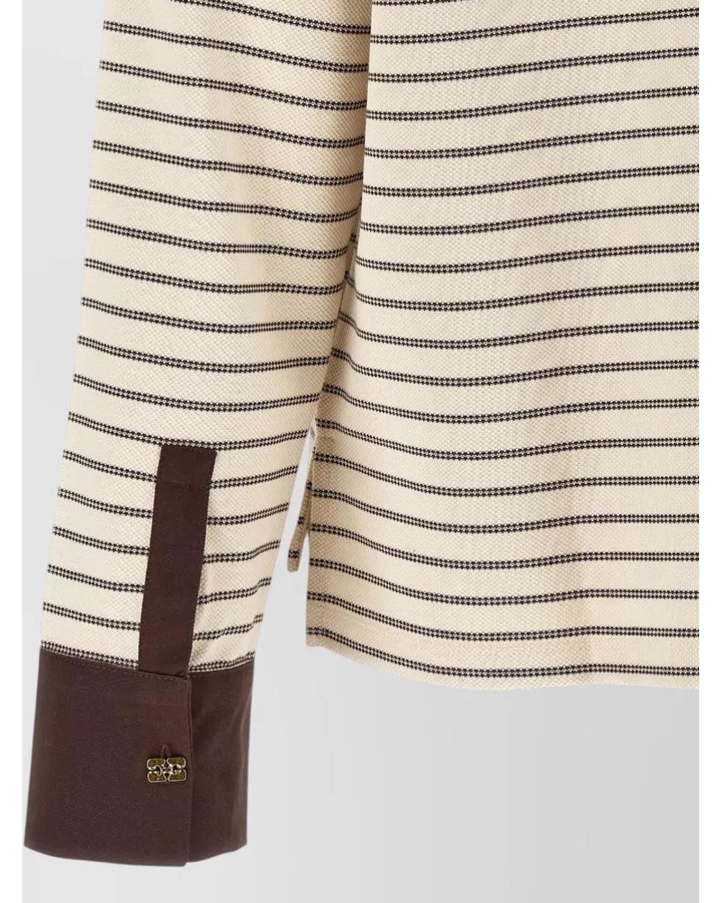 Ganni Natural Striped Cotton Long-Sleeve Polo Shirt