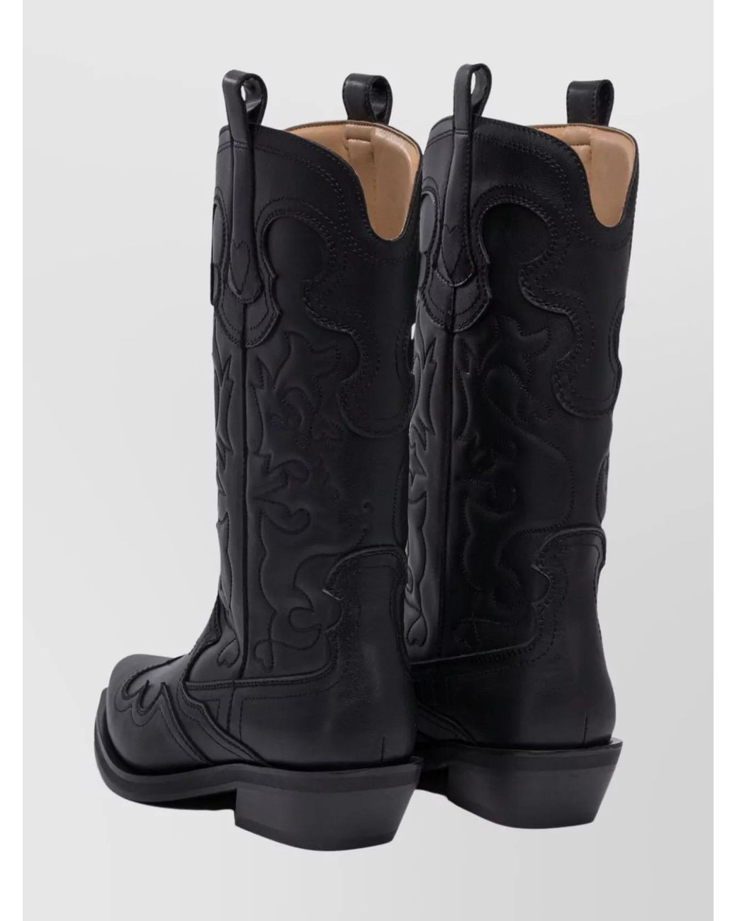 Ganni Black Embroidered Western Mid-Calf Boots