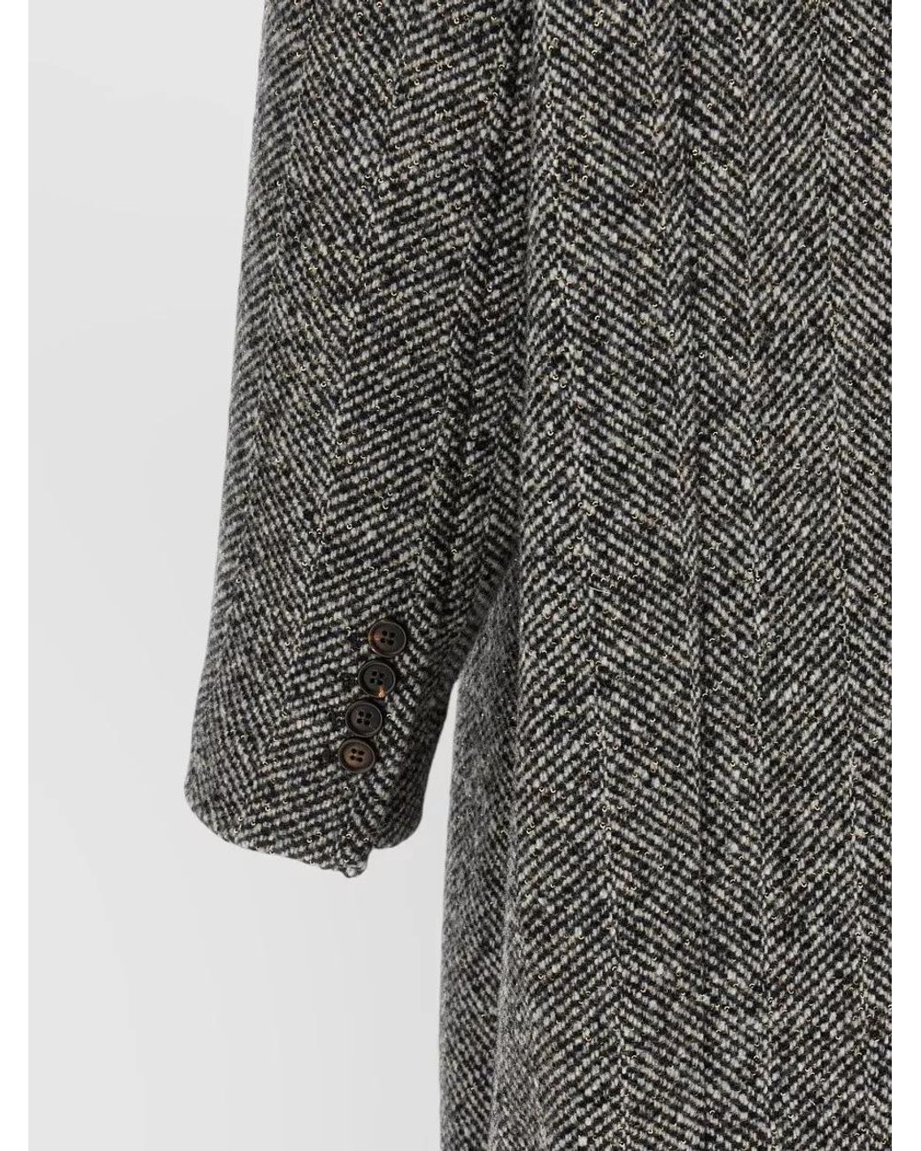 Brunello Cucinelli Gray Virgin Wool And Alpaca Herringbone Double-Breasted Long Coat