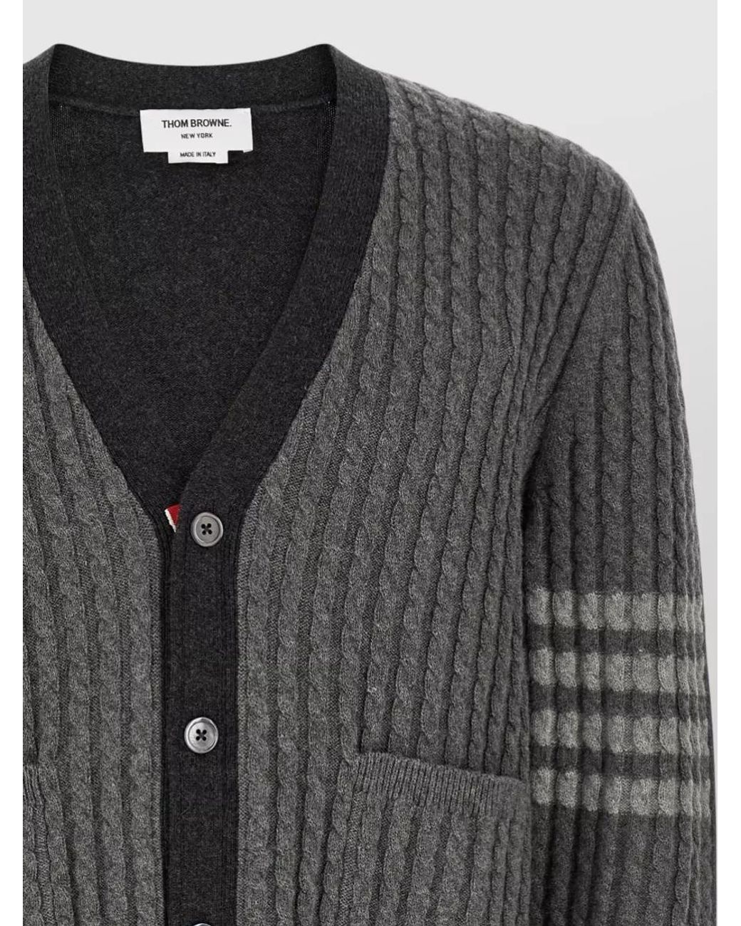 Thom Browne Gray Virgin Wool Cable Knit V Neck Cardigan for men