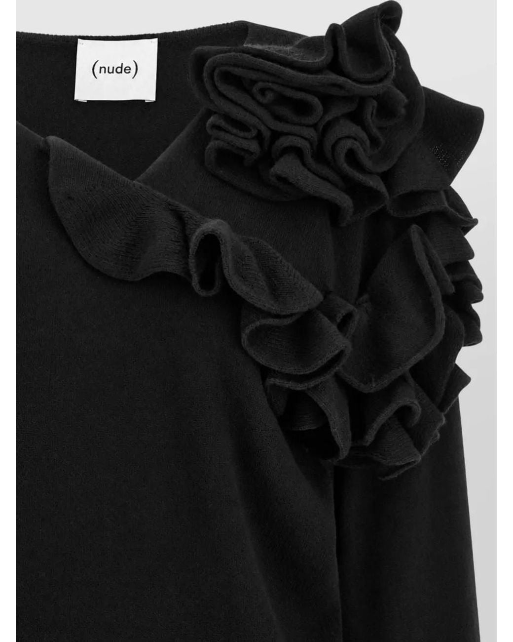 Nude Black Cashmere Wool Asymmetric Ruffled Long-Sleeve Sweater