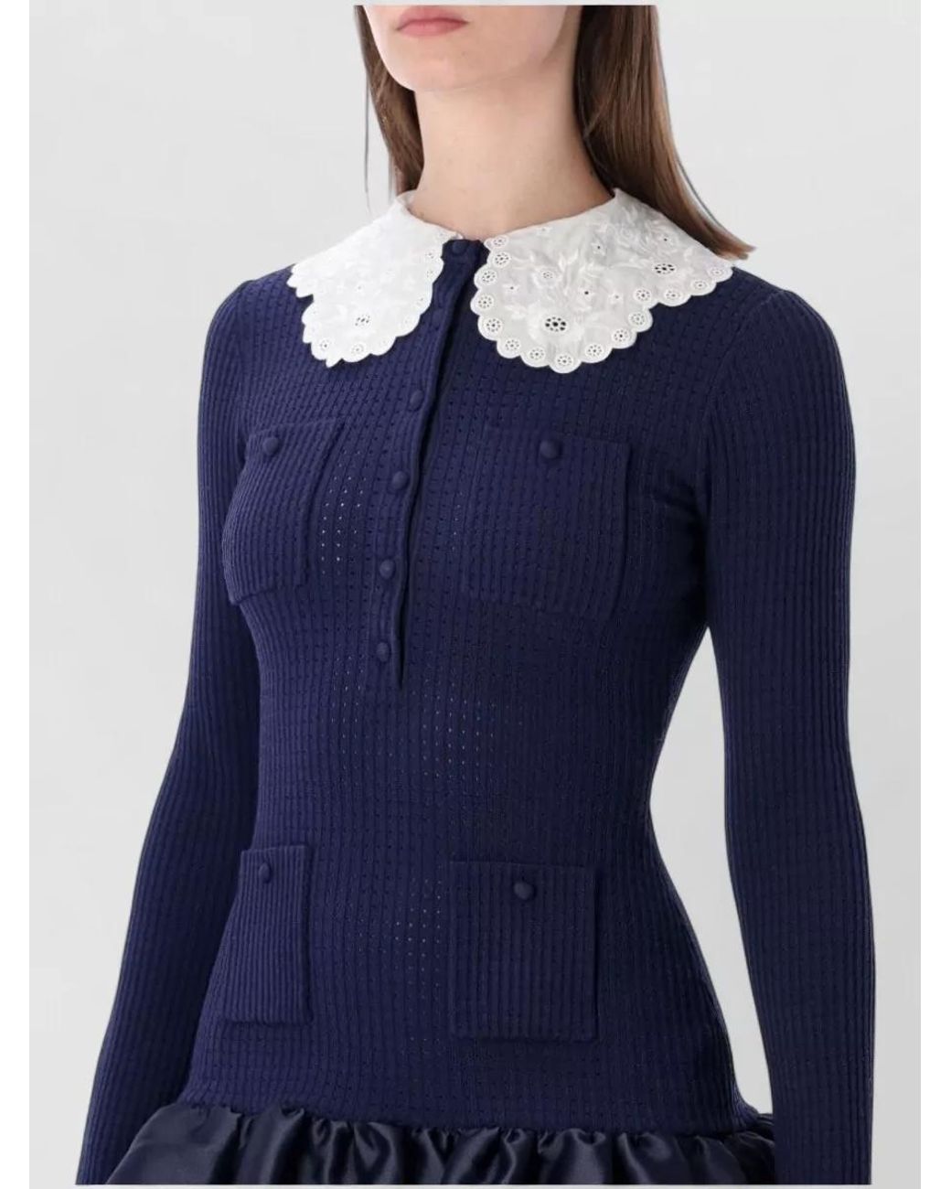 Self-Portrait Blue Pointelle-Knit Taffeta Mini Dress