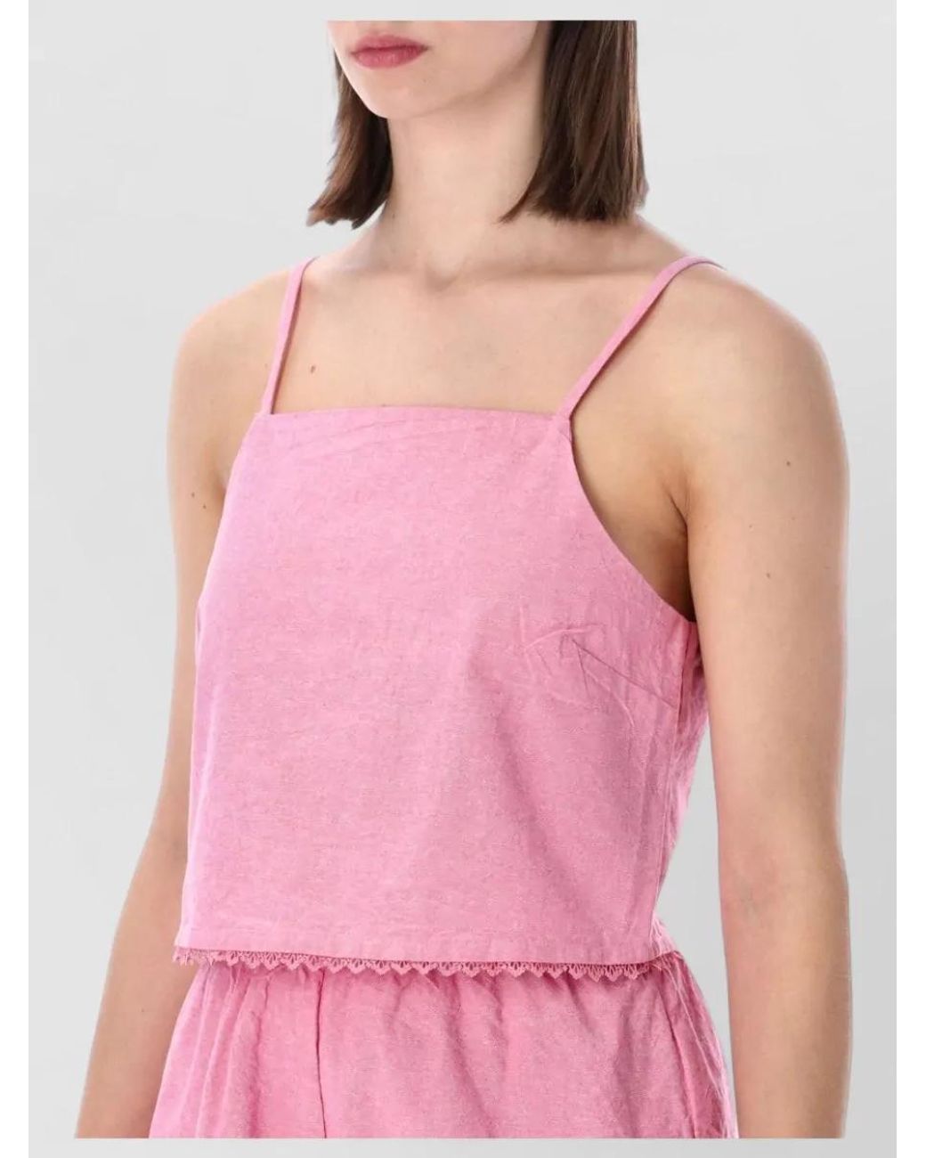 American Vintage Pink Cotton Lace-Trim Cropped Pyjama Top