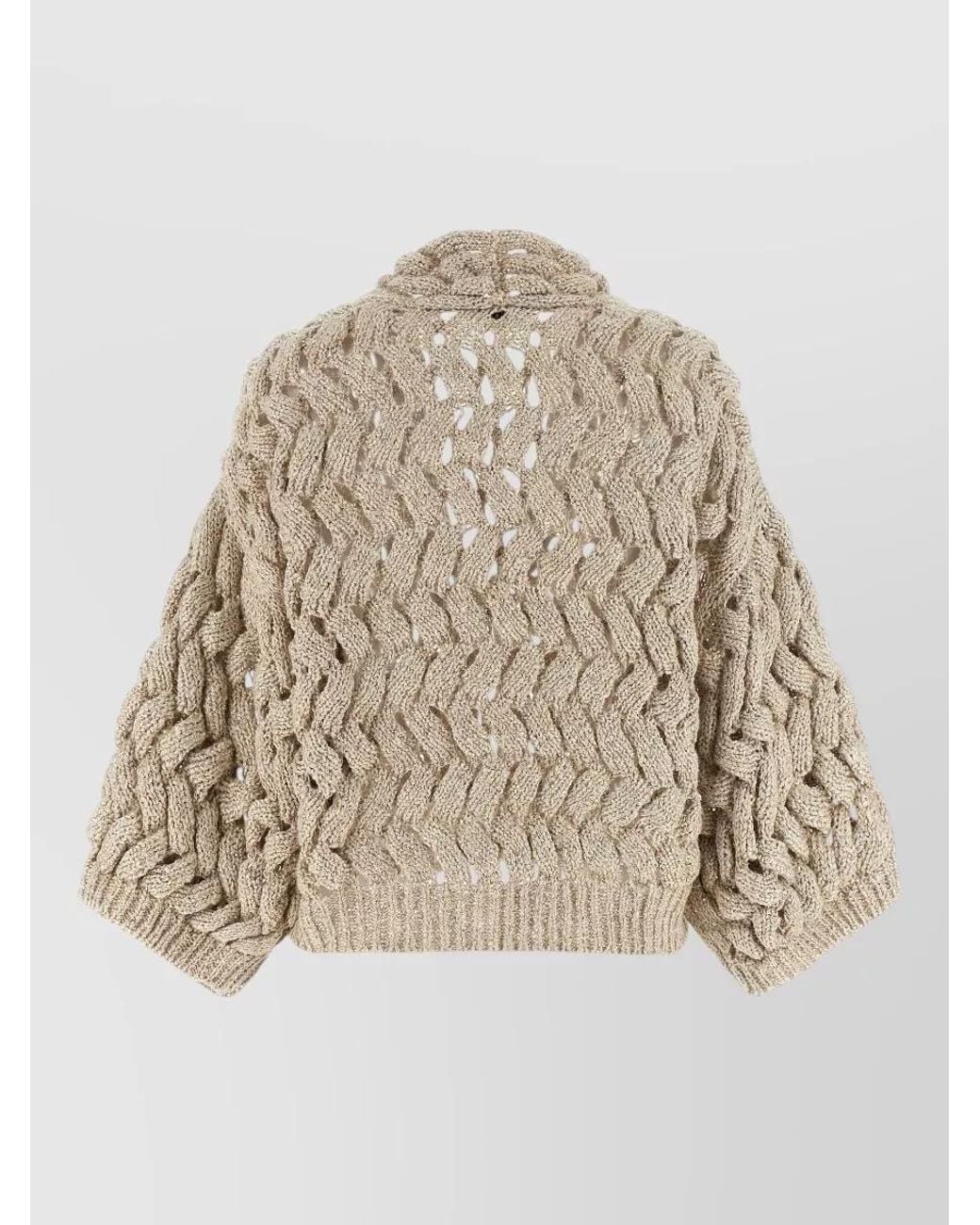 Brunello Cucinelli Natural Silk Linen Openwork Sequin Cropped V-Neck Cardigan