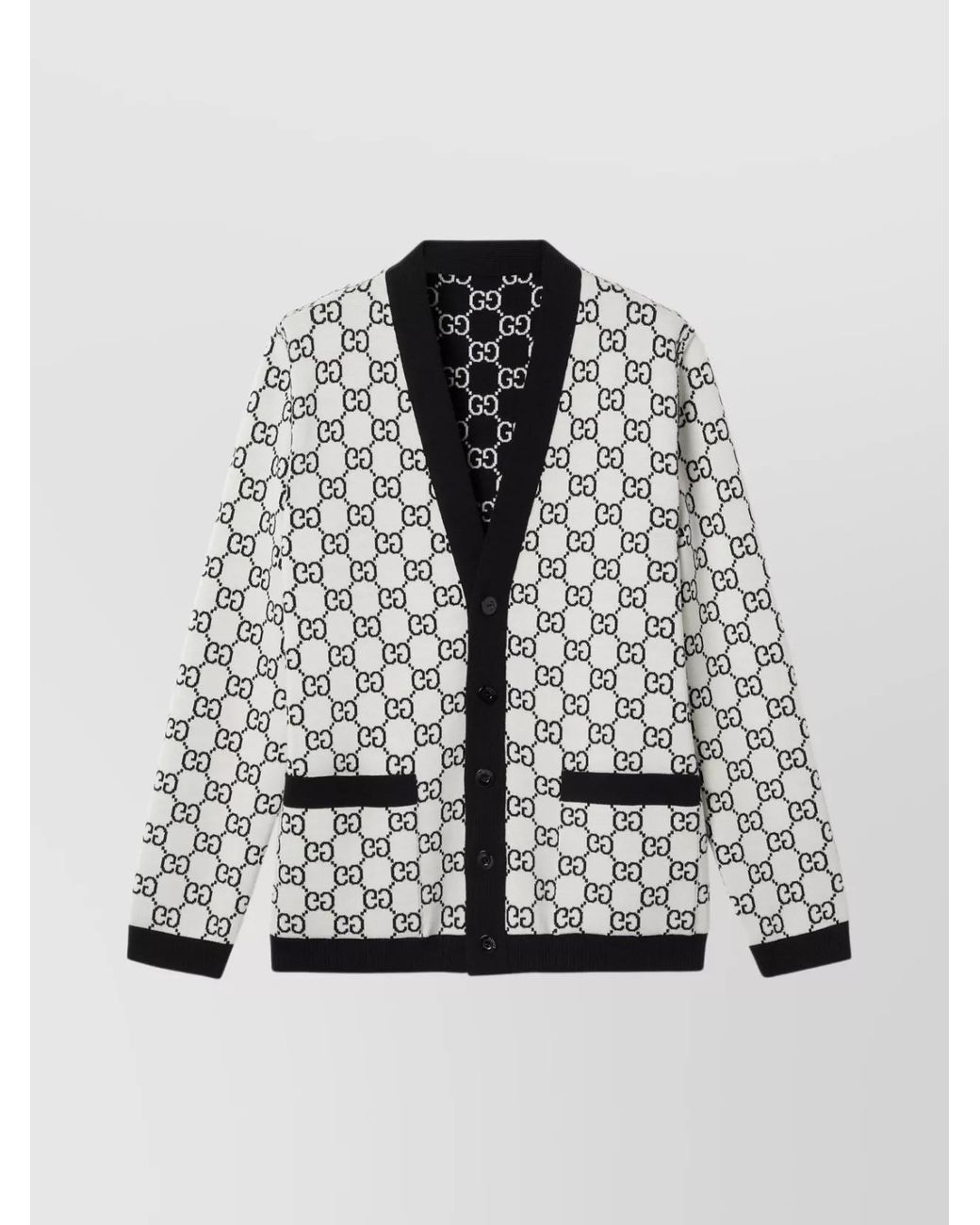 Gucci Gray Wool Reversible Fine-Knit Jacquard V-Neck Cardigan