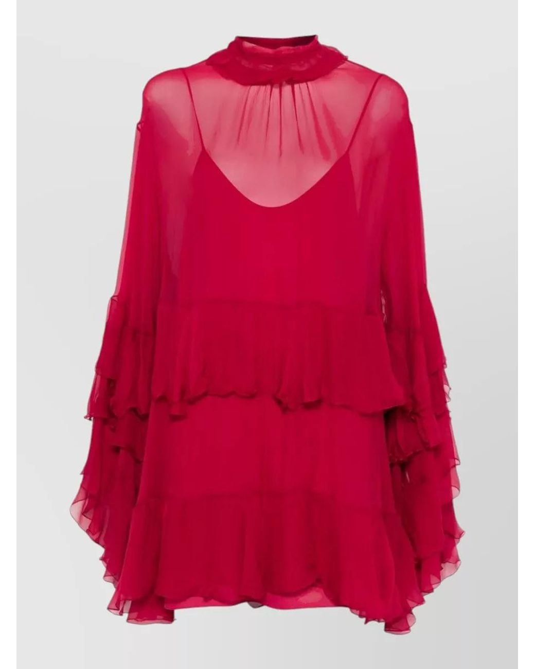 Chloé Red Silk Ruffled Long-Sleeve Mini Dress