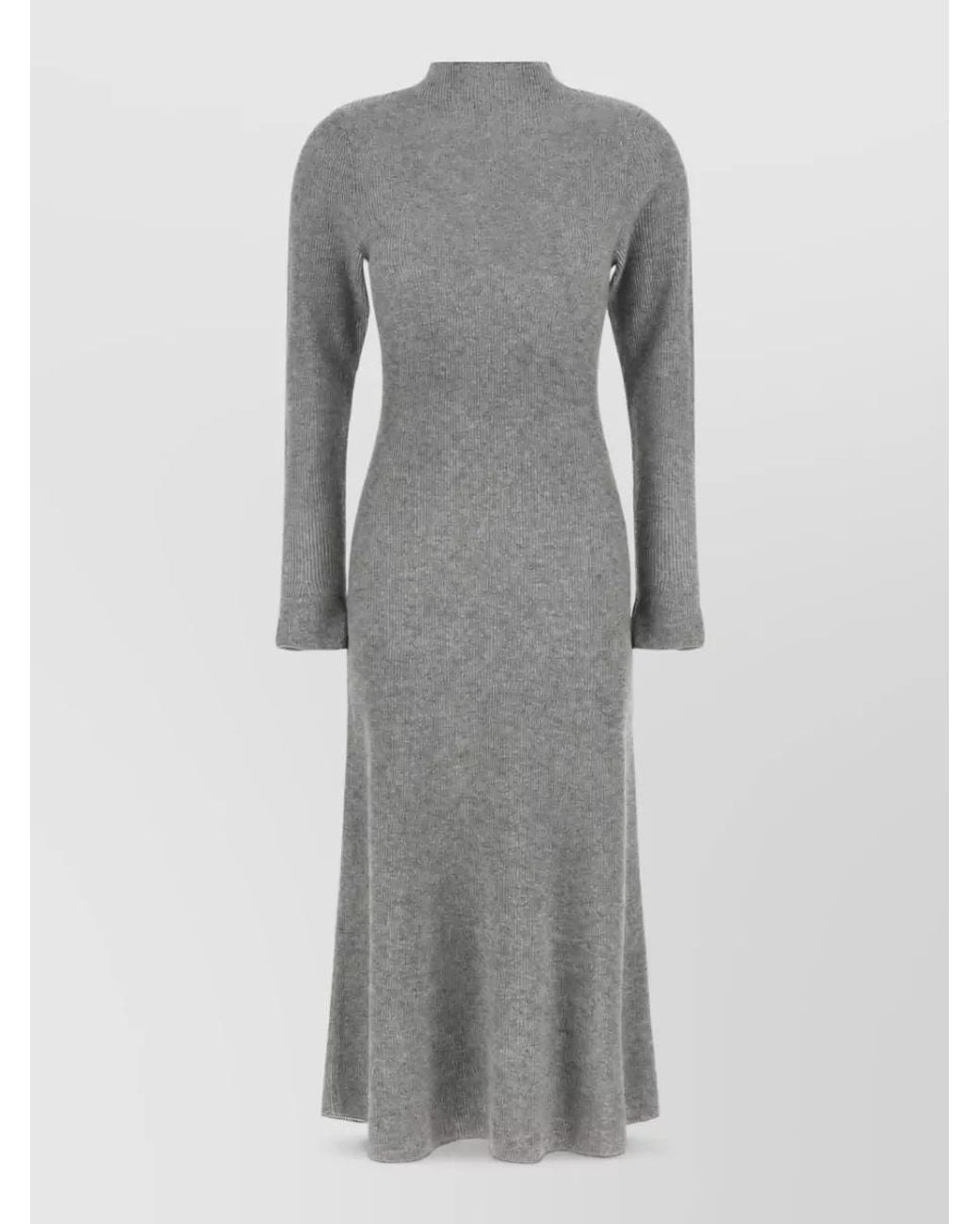Fabiana Filippi Gray Cashmere Silk Ribbed Long-Sleeve Mock-Neck Midi Knitted Dress