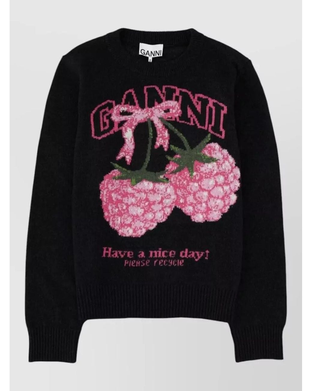 Ganni Black Wool Graphic-Print Crew-Neck Sweater