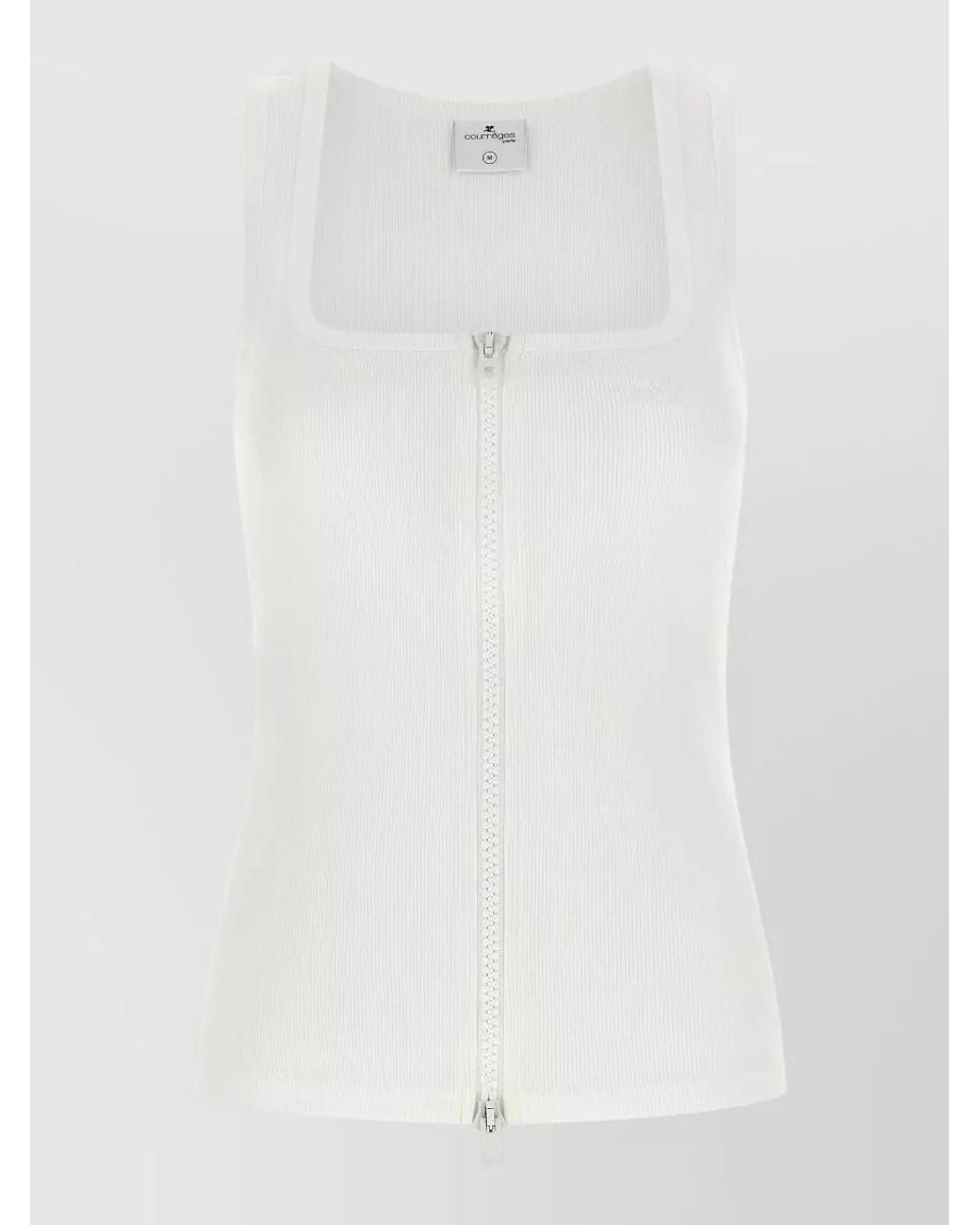 Courreges White Ribbed Square Neck Zip-Front Tank Top