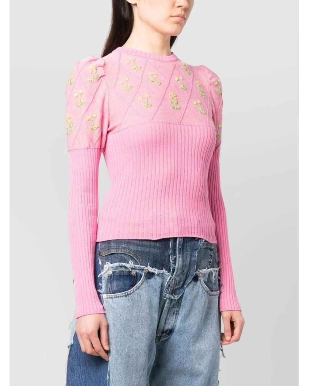 Cormio Pink Metallic Knit Floral Embroidered Long-Sleeve Top