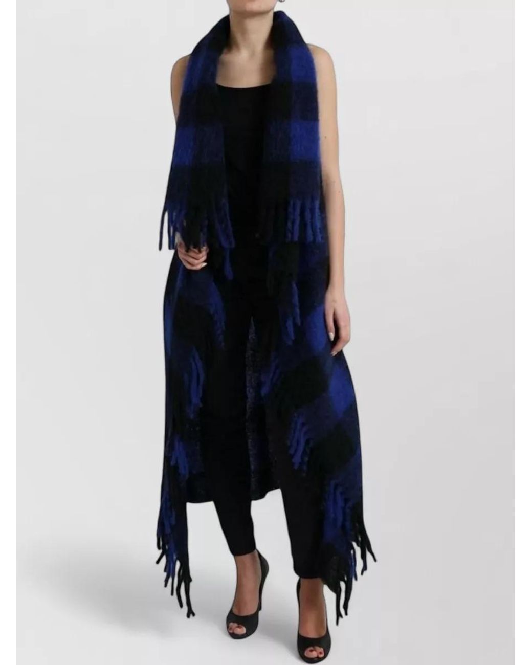 Dolce & Gabbana Blue Checked Fringe Cape