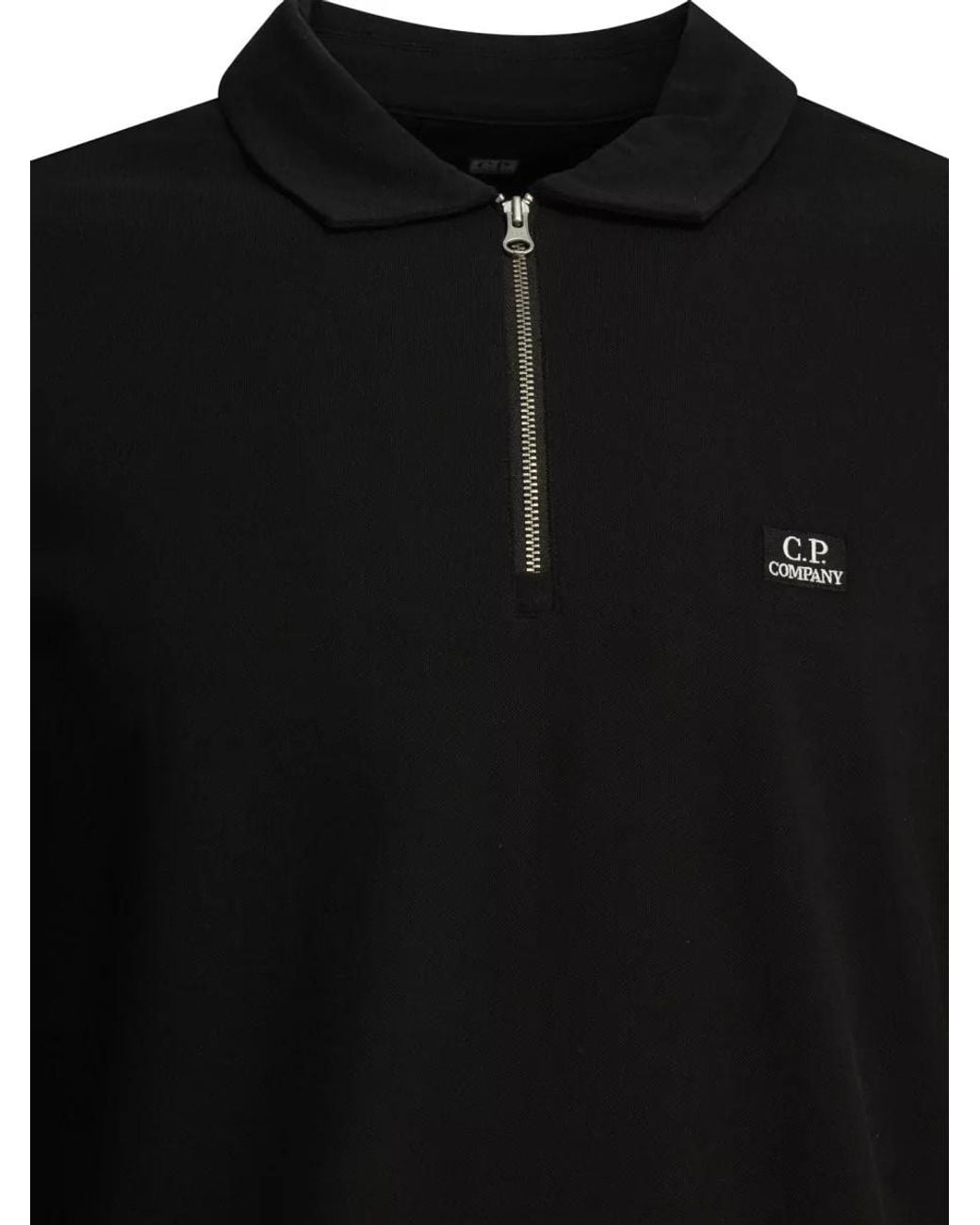 C P Company Black Cotton Long-Sleeve Zip Polo Shirt for men
