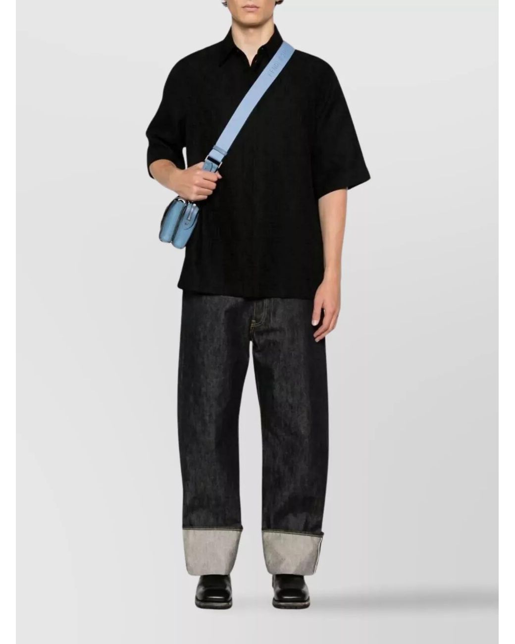 Fendi Black Linen Blend Ff Jacquard Oversized Short-Sleeve Shirt for men