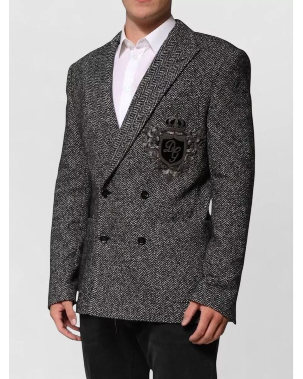Dolce & Gabbana Gray Wool Blend Herringbone Double-Breasted Blazer for men