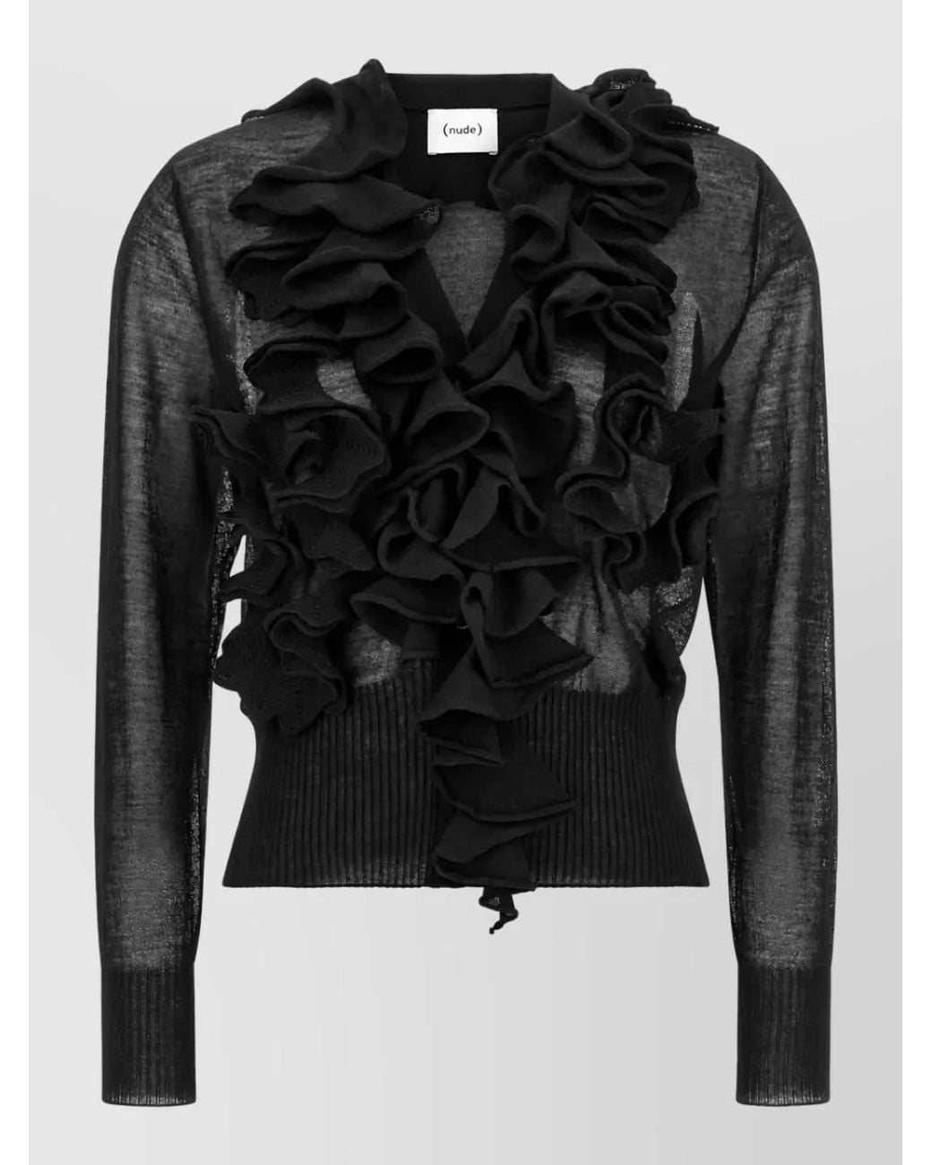 Nude Black Wool Fine-Knit Ruffle V-Neck Cardigan