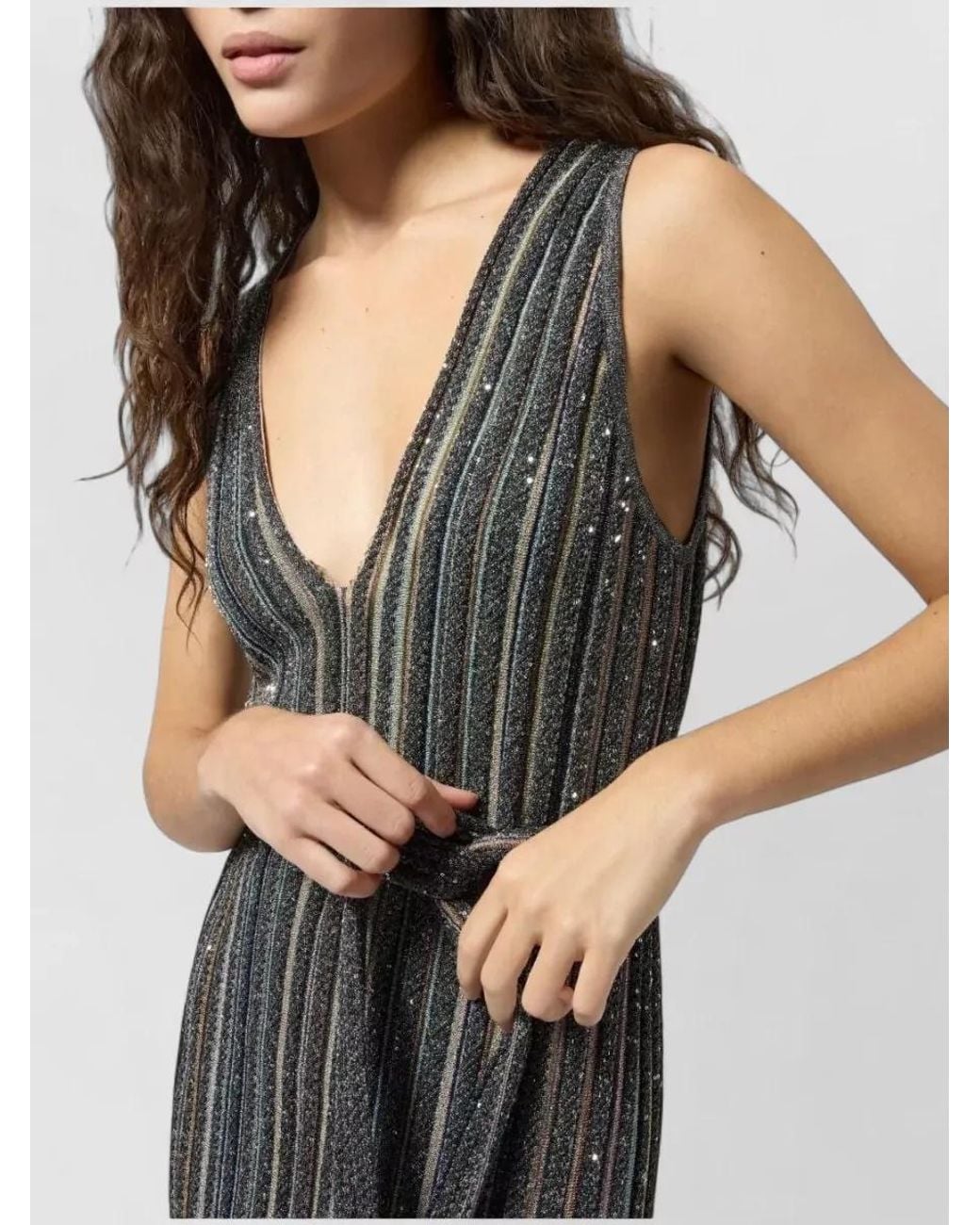 Missoni Multicolor Striped Sequin Sleeveless V-Neck Belted Maxi Dress