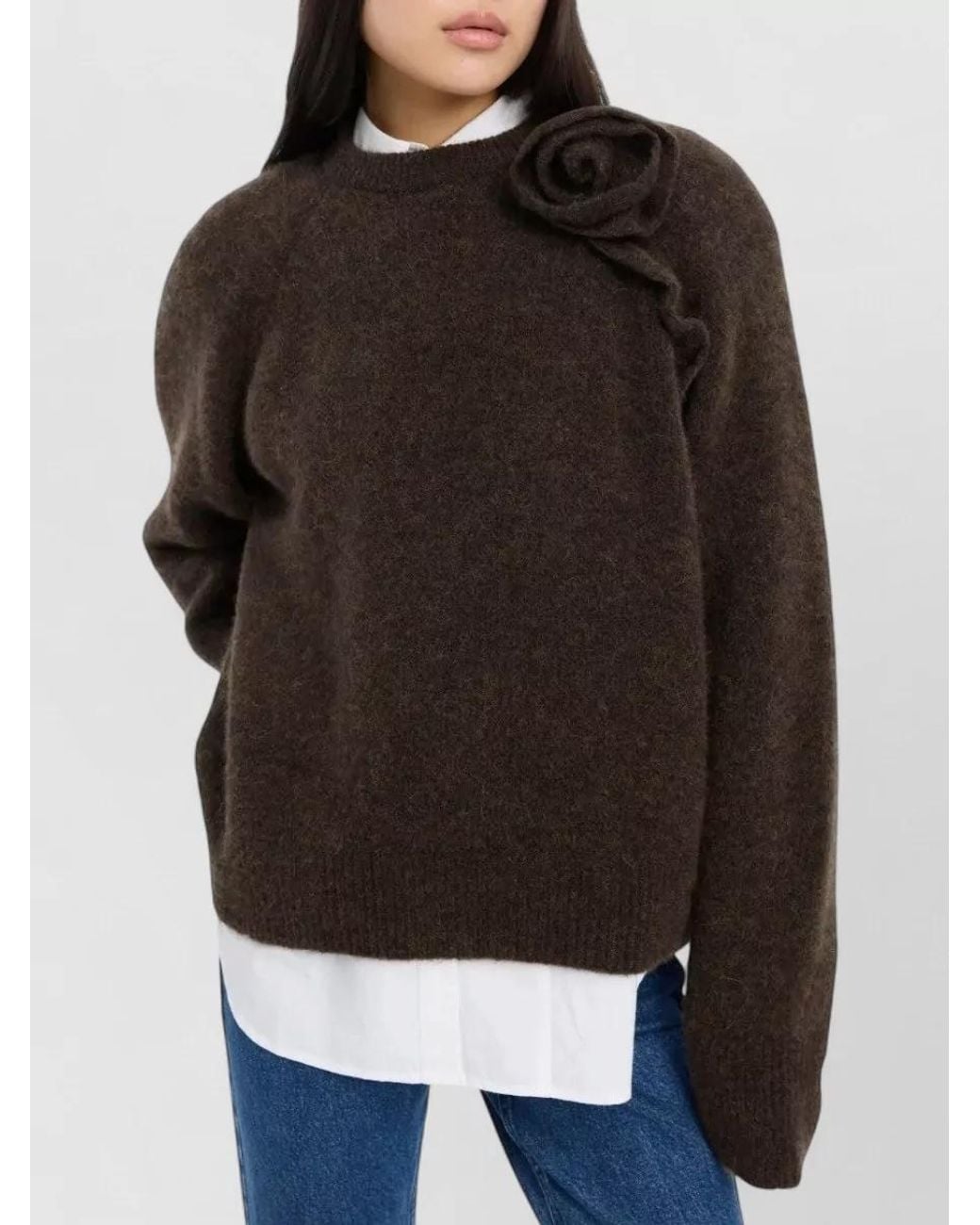 ROTATE BIRGER CHRISTENSEN Brown Alpaca-Blend Ribbed Floral Crewneck Sweater