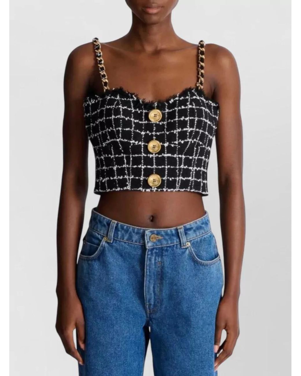 Balmain Gray Buttoned Tweed Tank Top