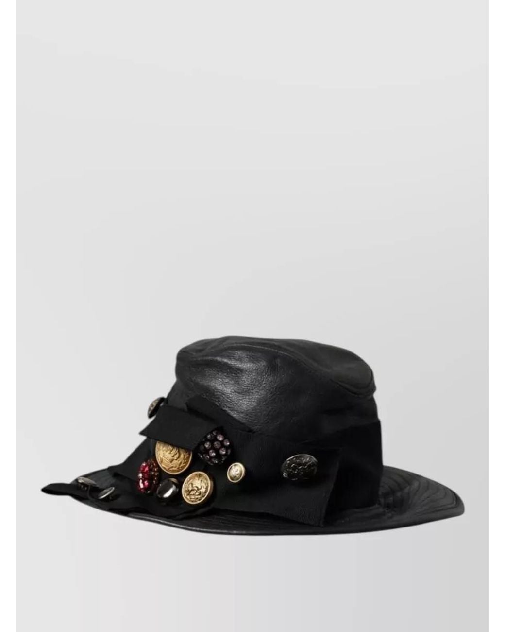 Dolce & Gabbana Black Leather Crystal-Embellished Wide-Brim Fedora Hat